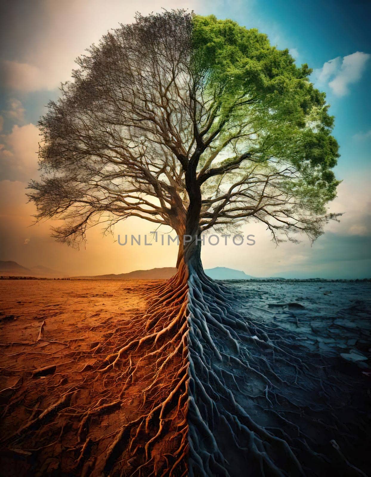 Global warming. Ecology concept. The Dual Nature of Nature. A Balancing Act. A tree split in half symbolizes the delicate balance between life and death, growth and decay, light and darkness. One side of the tree is lush, representing life, vitality and hope, while the other side is barren and dry, symbolizing death, destruction and despair. The image serves as a powerful reminder of the interconnectedness and fragility of our natural world.