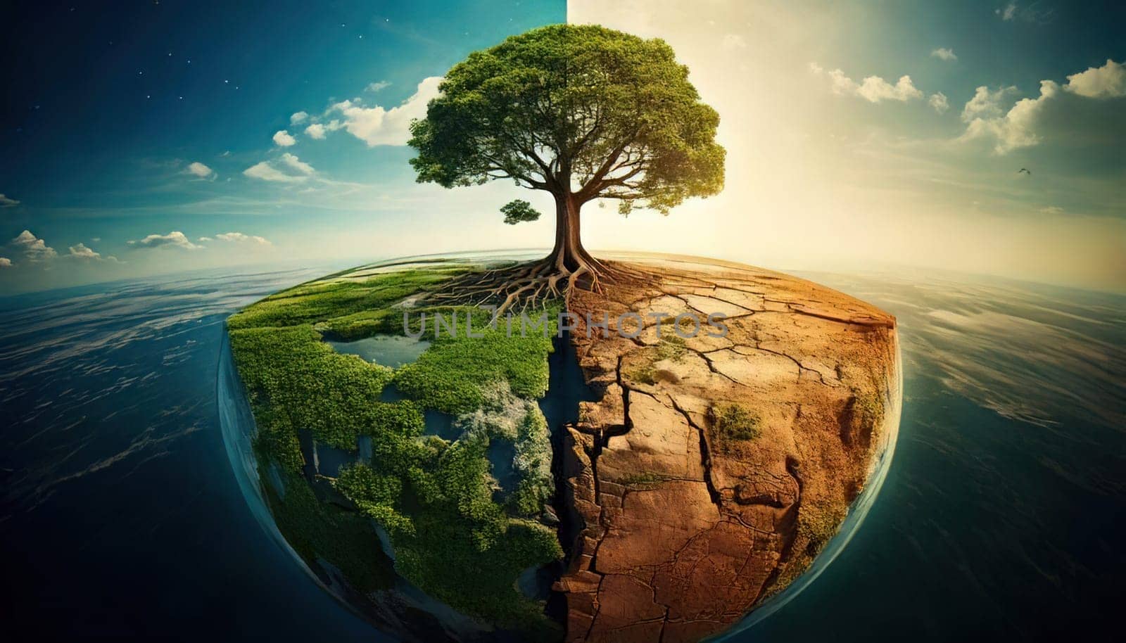 Global warming. Ecology concept. The Dual Nature of Nature. A Balancing Act. A tree split in half symbolizes the delicate balance between life and death, growth and decay, light and darkness. One side of the tree is lush, representing life, vitality and hope, while the other side is barren and dry, symbolizing death, destruction and despair. The image serves as a powerful reminder of the interconnectedness and fragility of our natural world.
