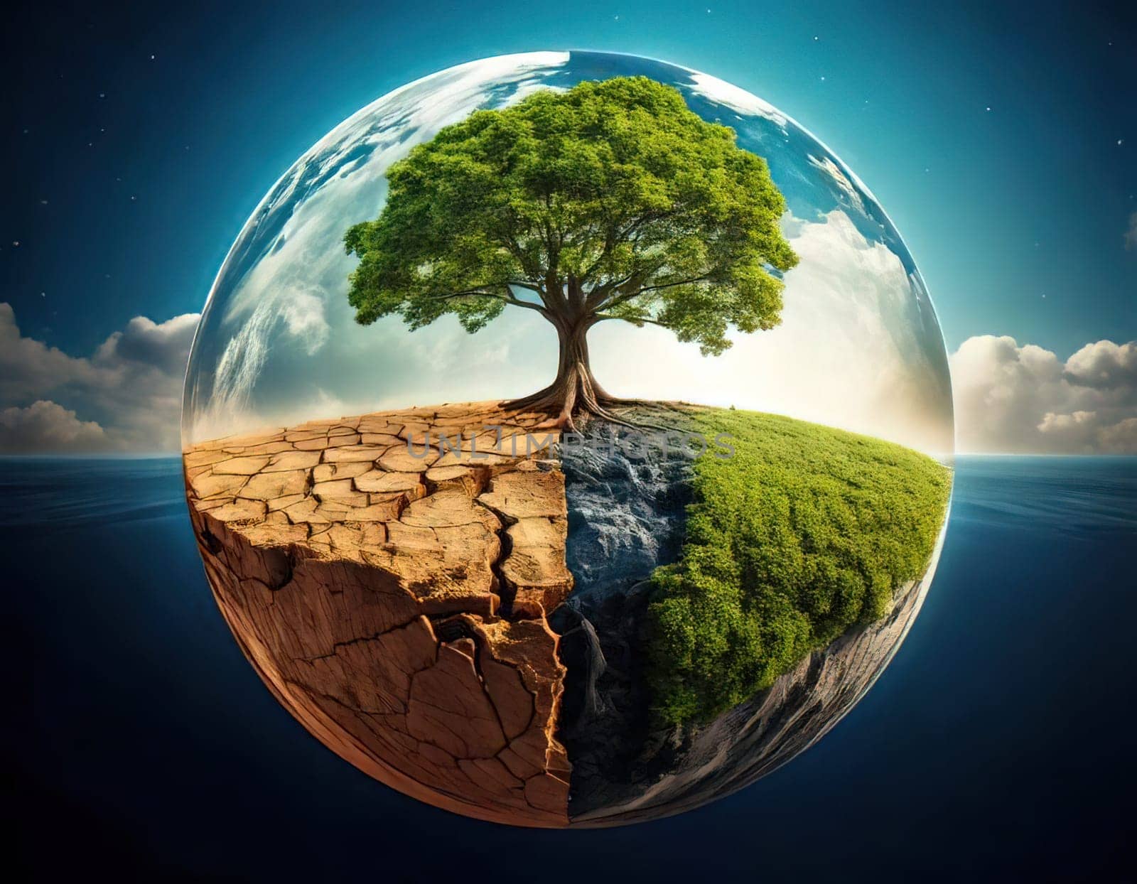 Global warming. Ecology concept. The Dual Nature of Nature. A Balancing Act. A tree split in half symbolizes the delicate balance between life and death, growth and decay, light and darkness. One side of the tree is lush, representing life, vitality and hope, while the other side is barren and dry, symbolizing death, destruction and despair. The image serves as a powerful reminder of the interconnectedness and fragility of our natural world.