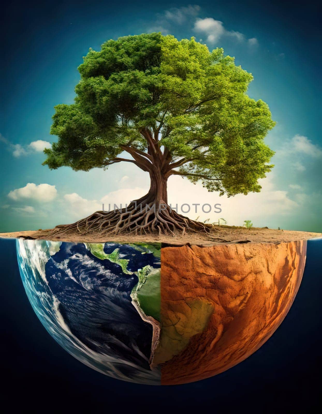 Global warming. Ecology concept. The Dual Nature of Nature. A Balancing Act. A tree split in half symbolizes the delicate balance between life and death, growth and decay, light and darkness. One side of the tree is lush, representing life, vitality and hope, while the other side is barren and dry, symbolizing death, destruction and despair. The image serves as a powerful reminder of the interconnectedness and fragility of our natural world.