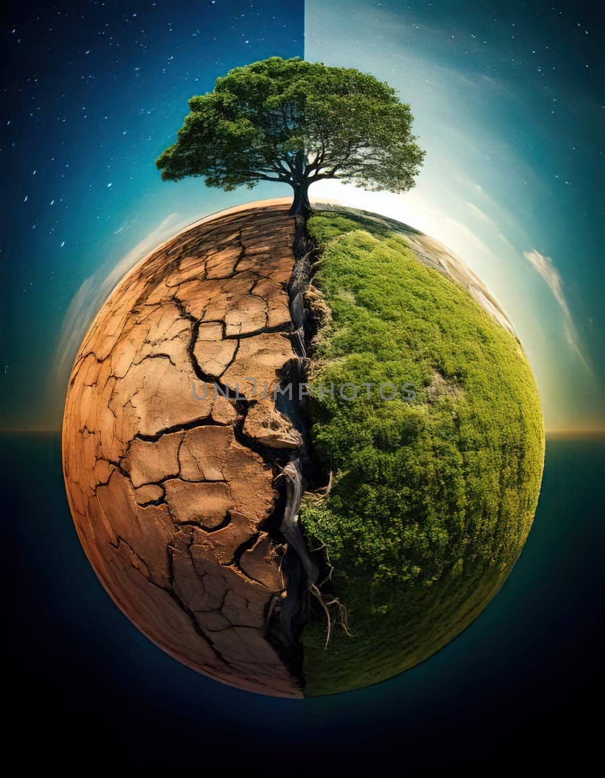 Global warming. Ecology concept. The Dual Nature of Nature. A Balancing Act. A tree split in half symbolizes the delicate balance between life and death, growth and decay, light and darkness. One side of the tree is lush, representing life, vitality and hope, while the other side is barren and dry, symbolizing death, destruction and despair. The image serves as a powerful reminder of the interconnectedness and fragility of our natural world.