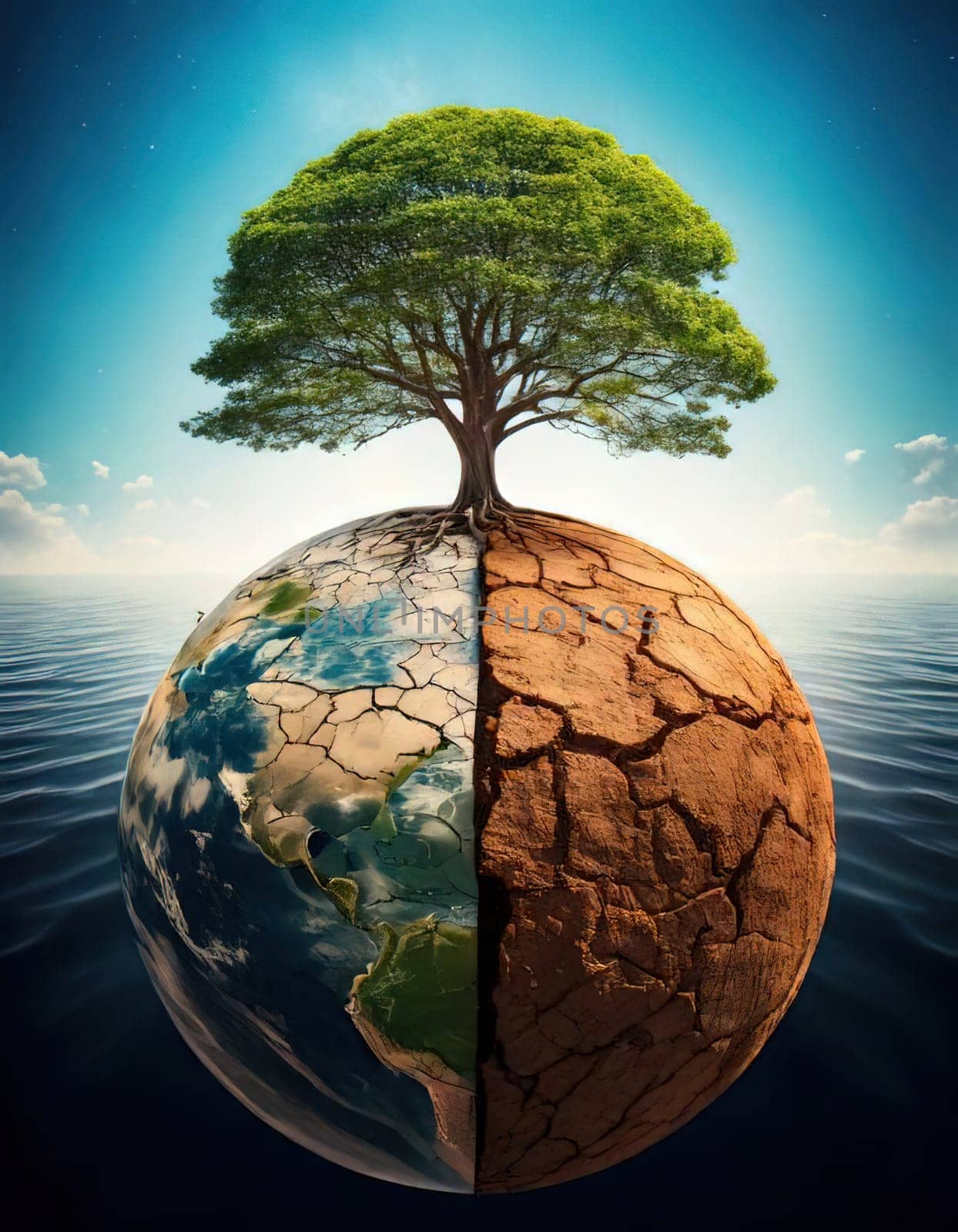 Global warming. Ecology concept. The Dual Nature of Nature. A Balancing Act. A tree split in half symbolizes the delicate balance between life and death, growth and decay, light and darkness. One side of the tree is lush, representing life, vitality and hope, while the other side is barren and dry, symbolizing death, destruction and despair. The image serves as a powerful reminder of the interconnectedness and fragility of our natural world.