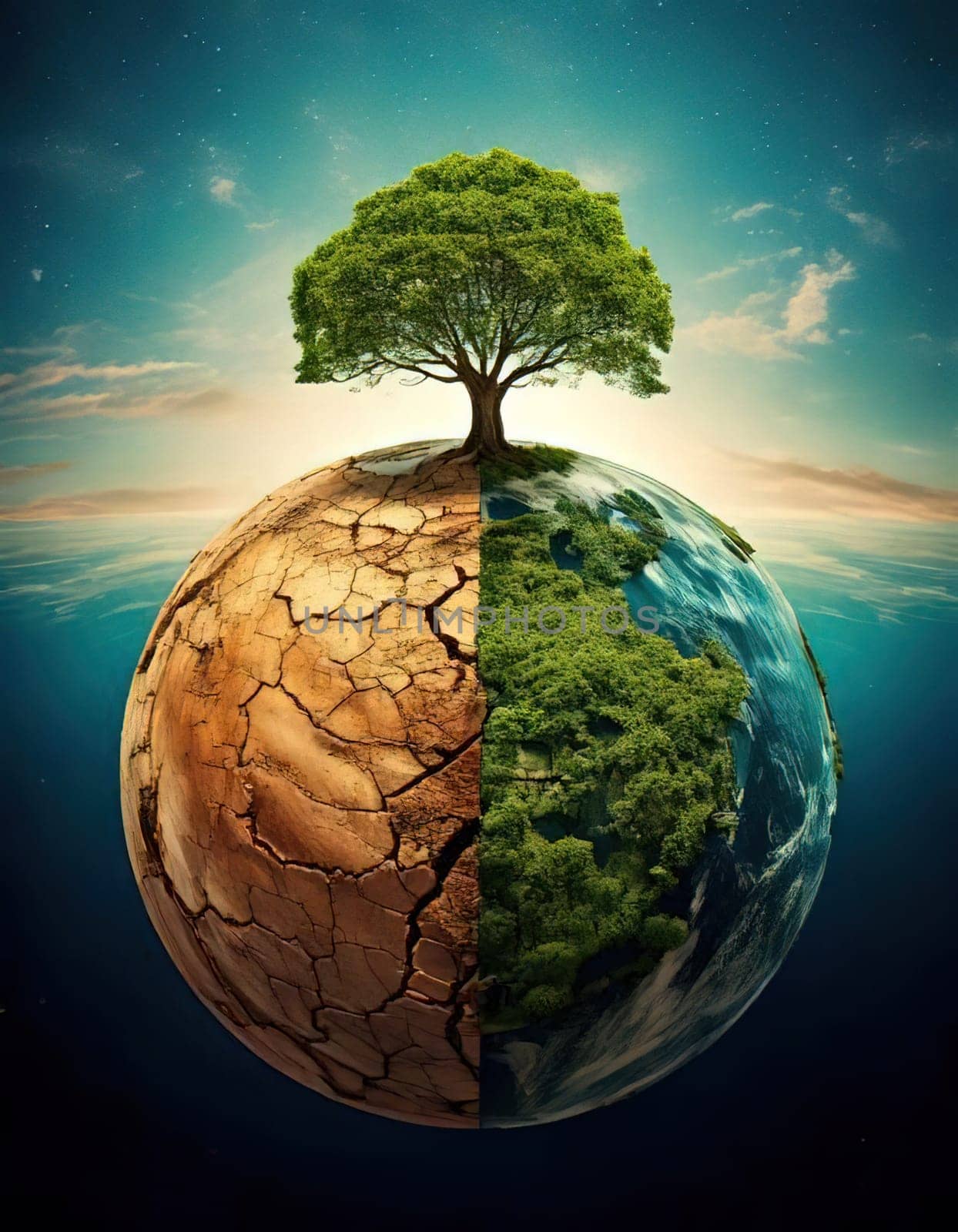 Global warming. Ecology concept. The Dual Nature of Nature. A Balancing Act. A tree split in half symbolizes the delicate balance between life and death, growth and decay, light and darkness. One side of the tree is lush, representing life, vitality and hope, while the other side is barren and dry, symbolizing death, destruction and despair. The image serves as a powerful reminder of the interconnectedness and fragility of our natural world.