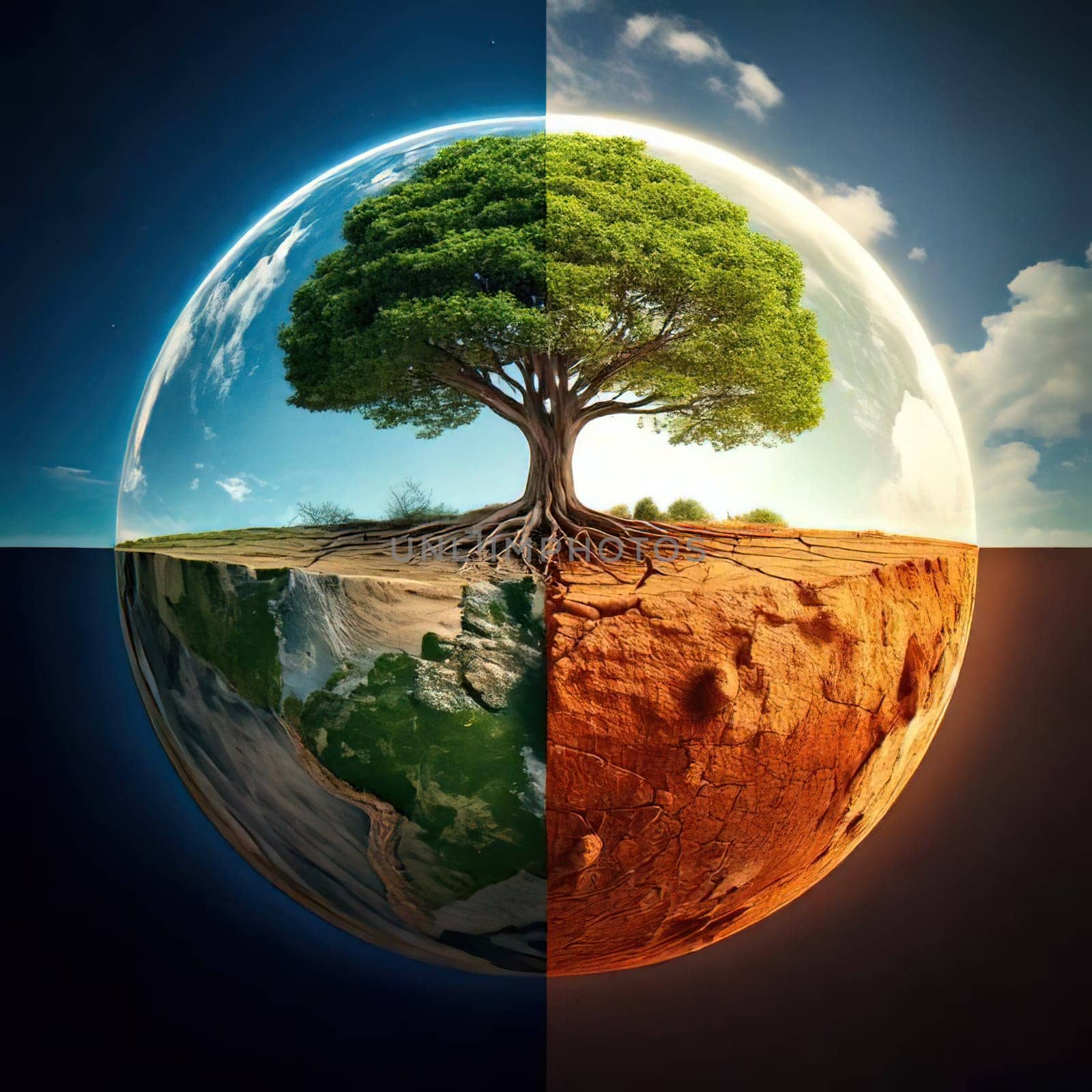 Global warming. Ecology concept. The Dual Nature of Nature. A Balancing Act. A tree split in half symbolizes the delicate balance between life and death, growth and decay, light and darkness. One side of the tree is lush, representing life, vitality and hope, while the other side is barren and dry, symbolizing death, destruction and despair. The image serves as a powerful reminder of the interconnectedness and fragility of our natural world.