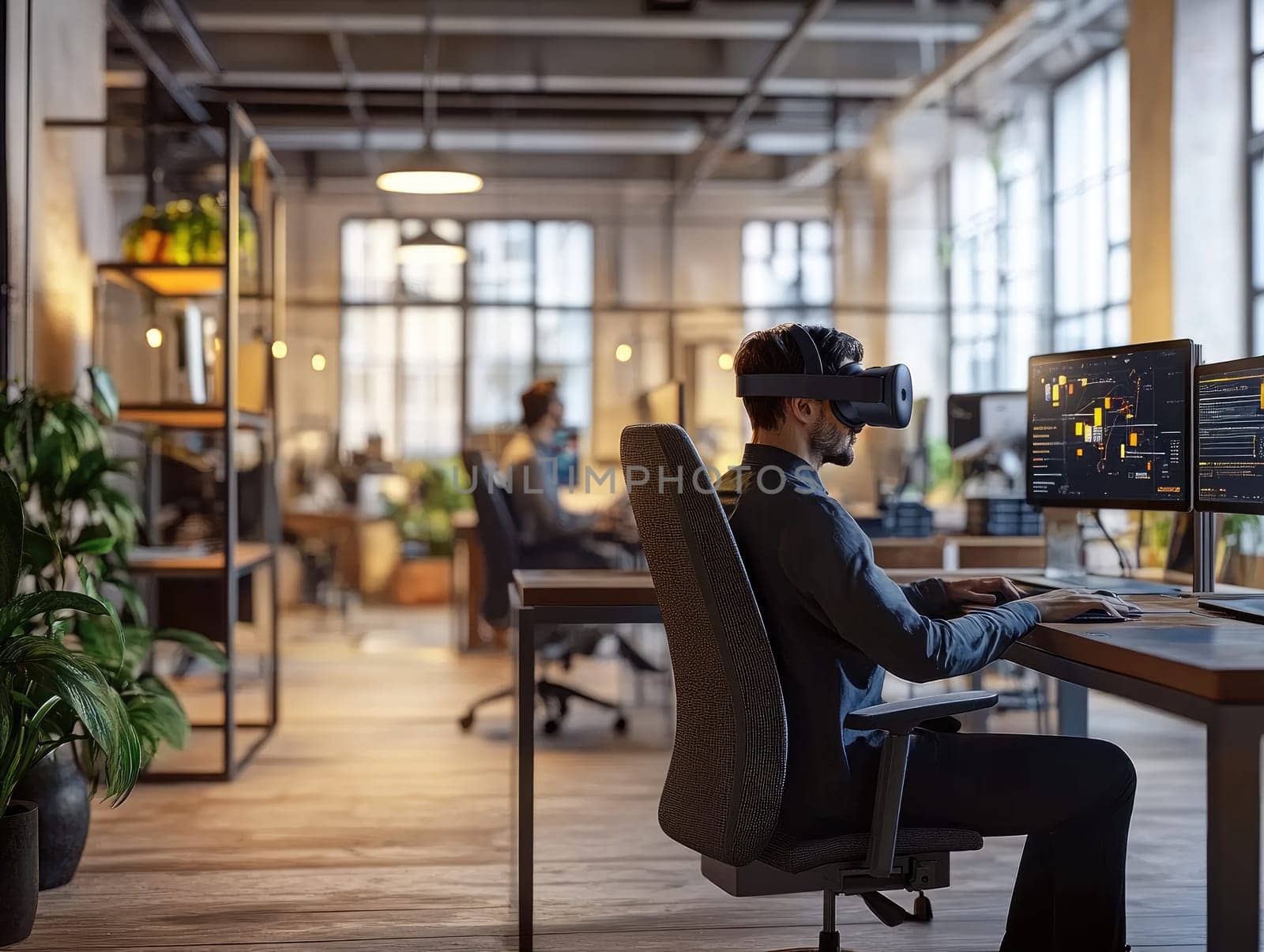Modern hybrid office with virtual reality. Innovative workspace environment for collaborative work.