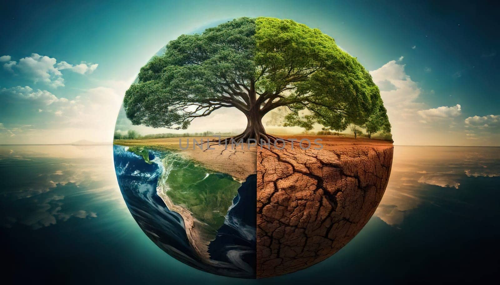 Global warming. Ecology concept. The Dual Nature of Nature. A Balancing Act. A tree split in half symbolizes the delicate balance between life and death, growth and decay, light and darkness. One side of the tree is lush, representing life, vitality and hope, while the other side is barren and dry, symbolizing death, destruction and despair. The image serves as a powerful reminder of the interconnectedness and fragility of our natural world.
