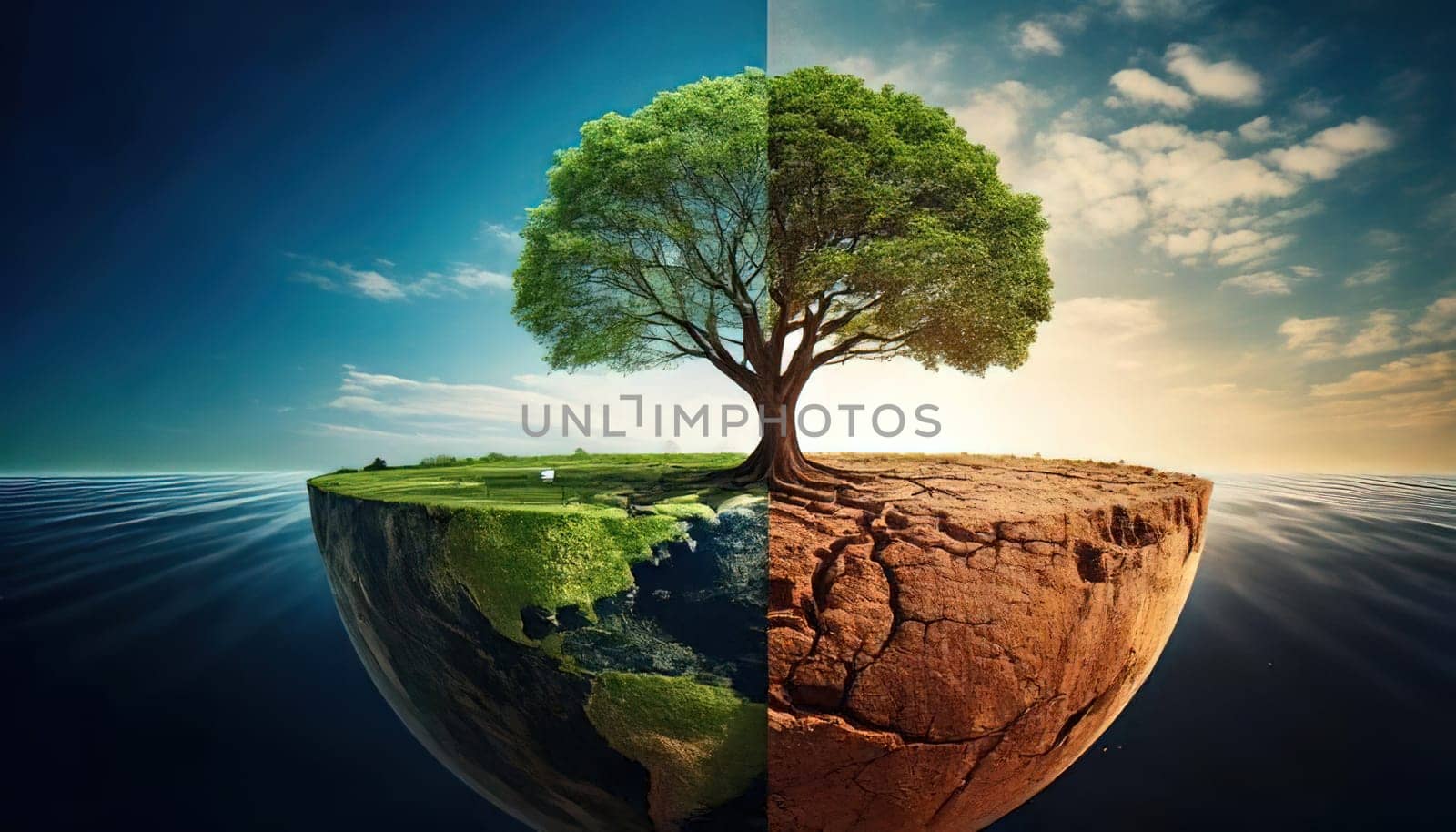 Global warming. Ecology concept. The Dual Nature of Nature. A Balancing Act. A tree split in half symbolizes the delicate balance between life and death, growth and decay, light and darkness. One side of the tree is lush, representing life, vitality and hope, while the other side is barren and dry, symbolizing death, destruction and despair. The image serves as a powerful reminder of the interconnectedness and fragility of our natural world.
