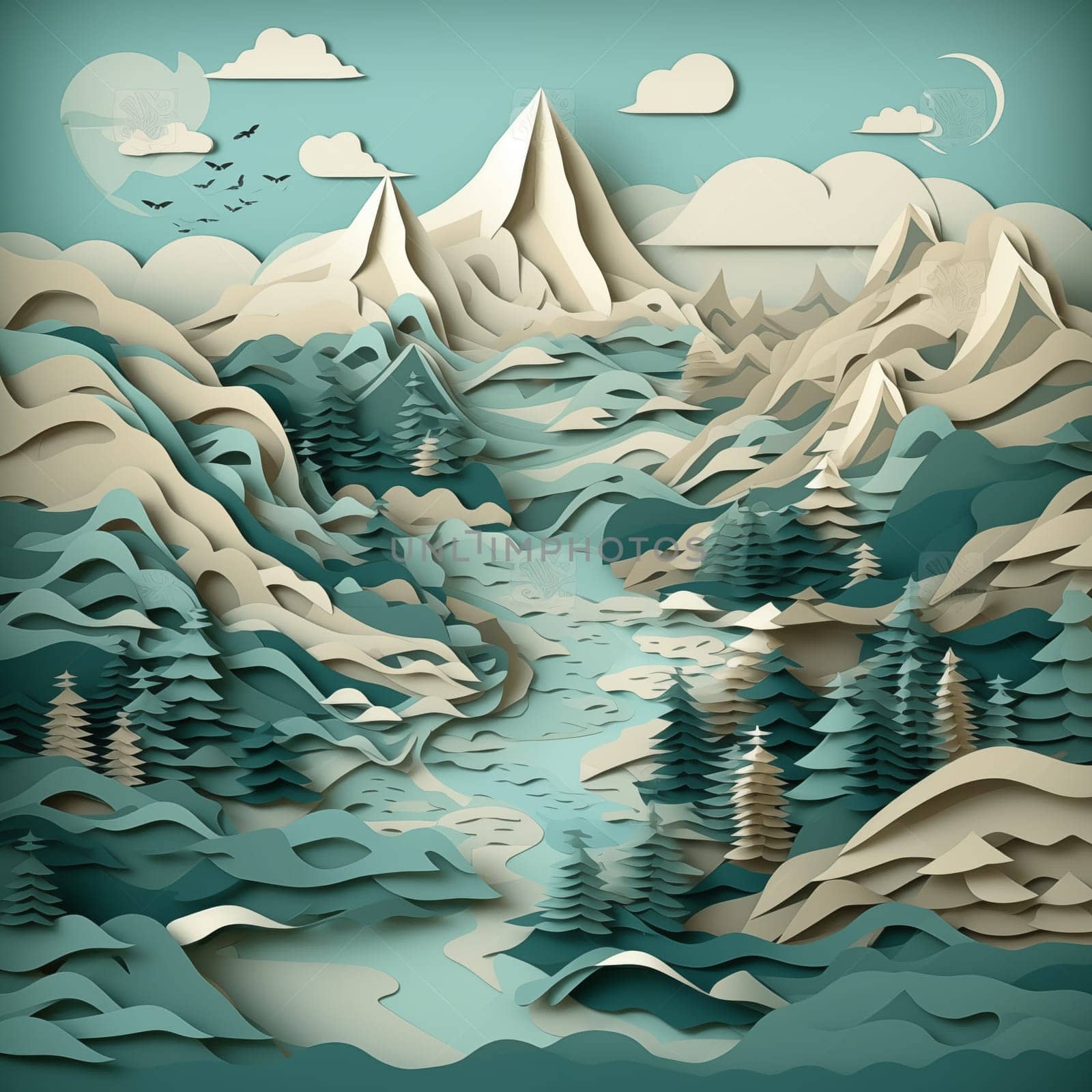 Graphic image of mountains, forests and river in winter. High quality photo