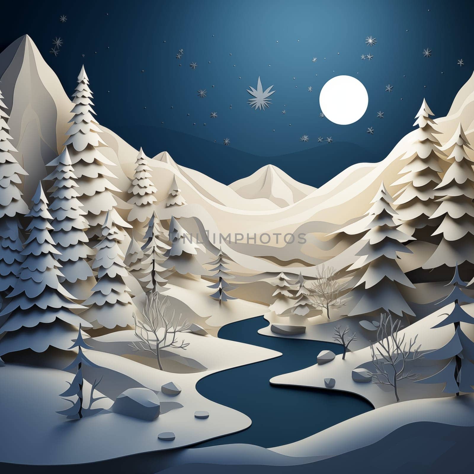 Graphic image of mountains, forests and river in winter. High quality photo
