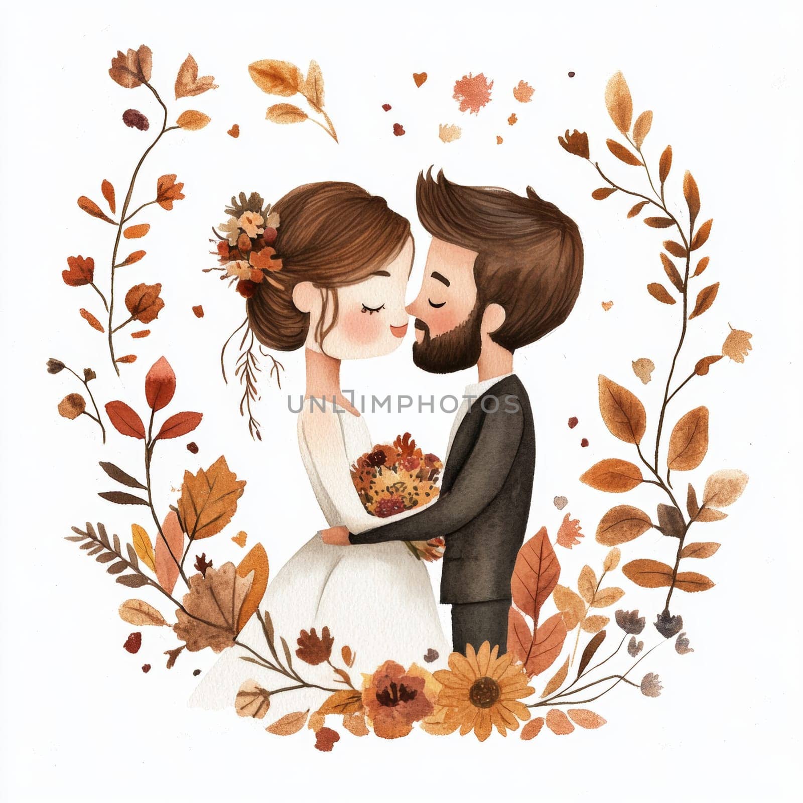 An image of a bride and groom in wedding attire, looking at each other. They are surrounded by flowers. High quality photo
