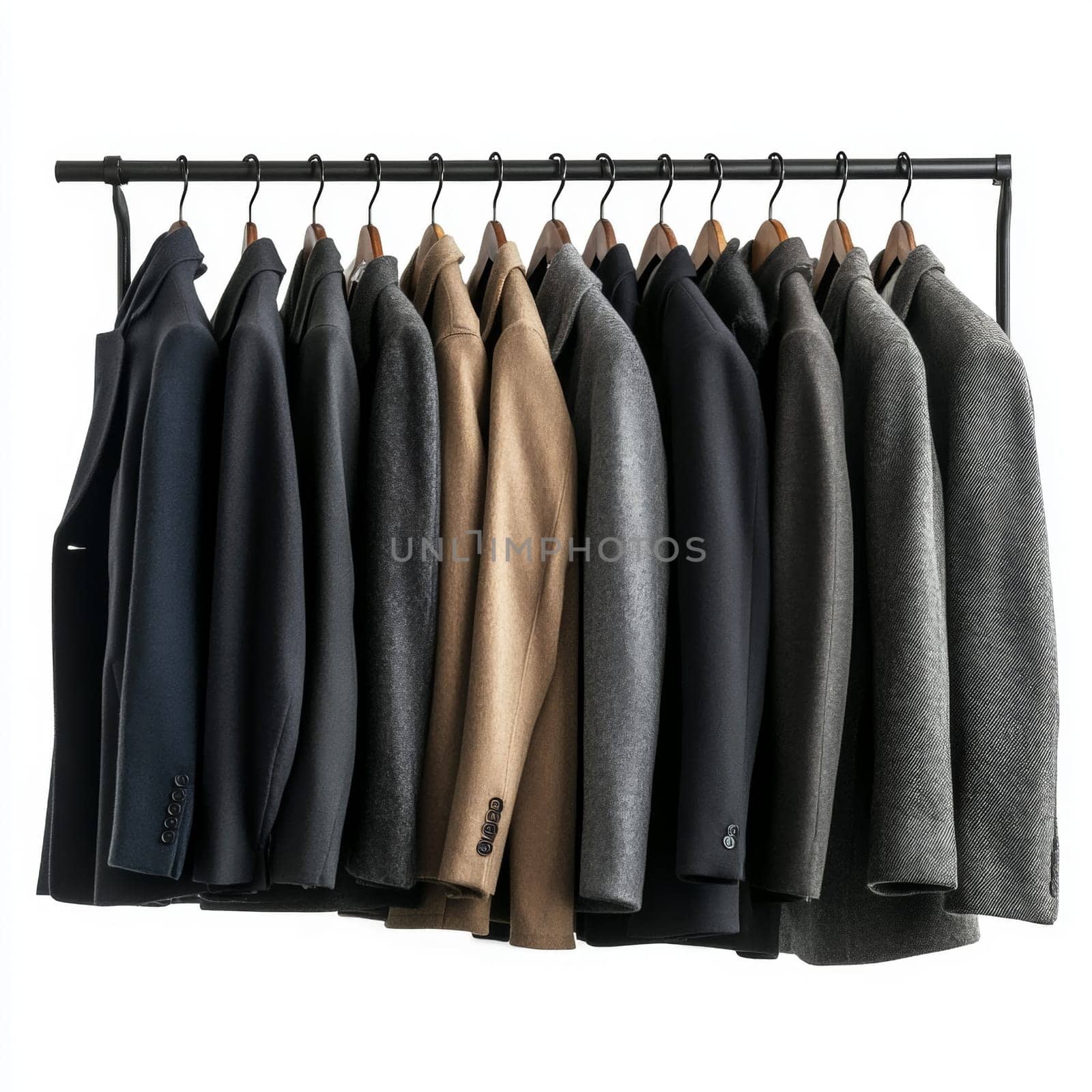 Men's outerwear hanging on hangers on white isolated background. High quality photo