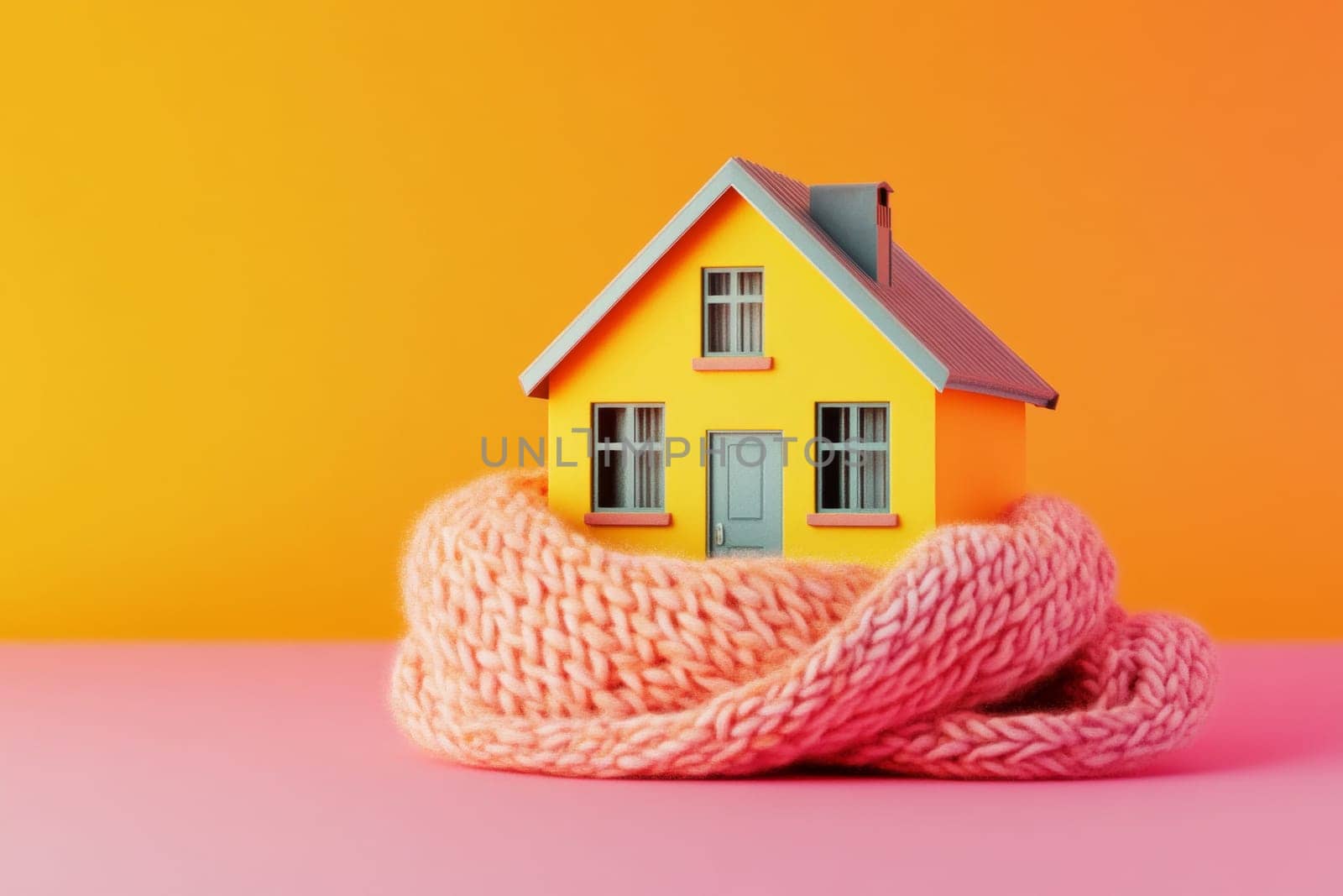 Cozy, flat toy house on isolated background. House is covered with cute woolen scarf in cold season. High quality photo
