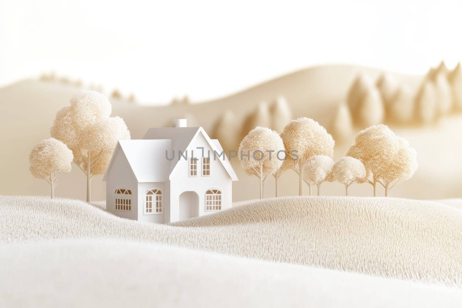 3D model of a small house on the background of a winter forest. High quality photo