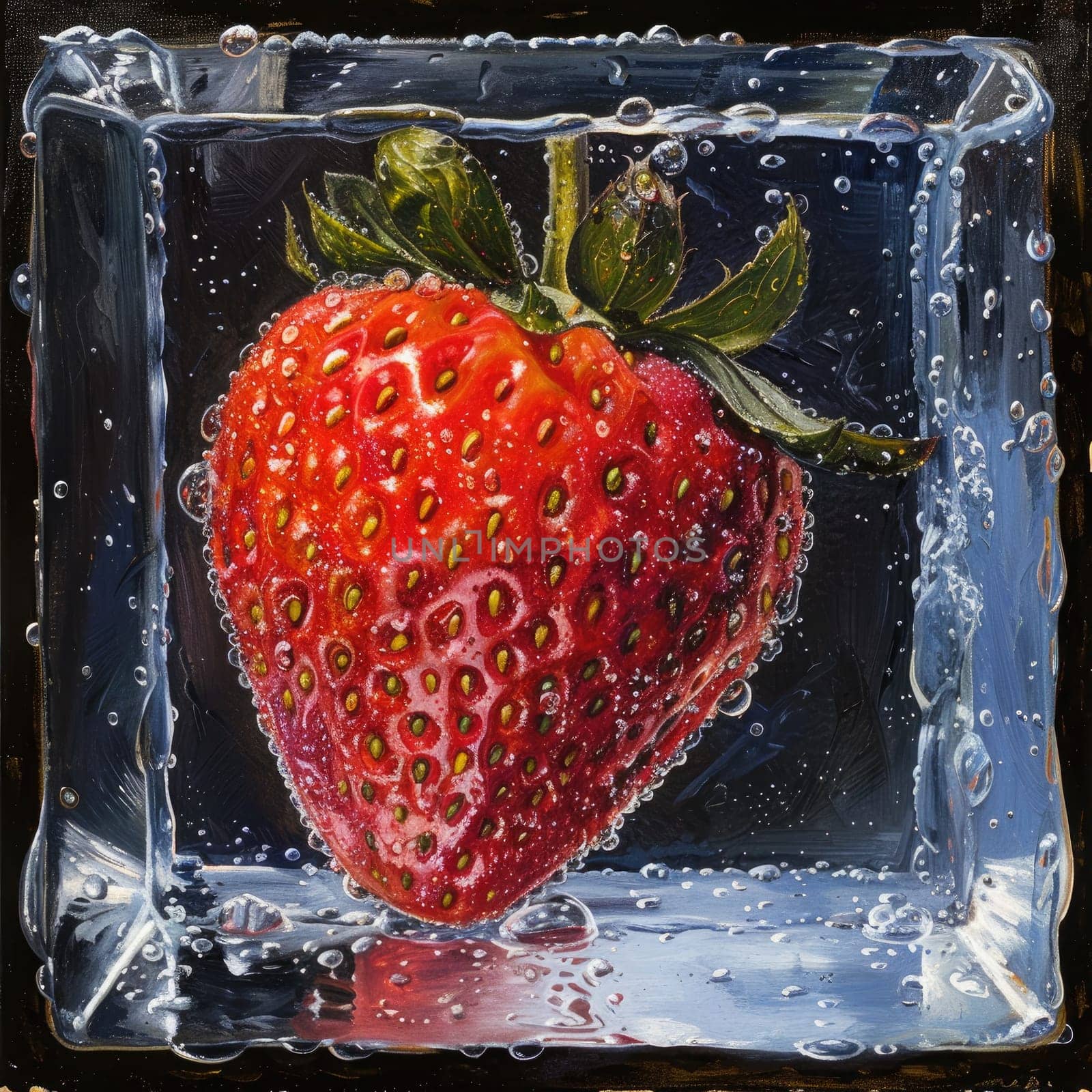 A bright red strawberry is trapped in a clear ice cube, surrounded by bubbles, highlighting its texture and freshness against a dark background.