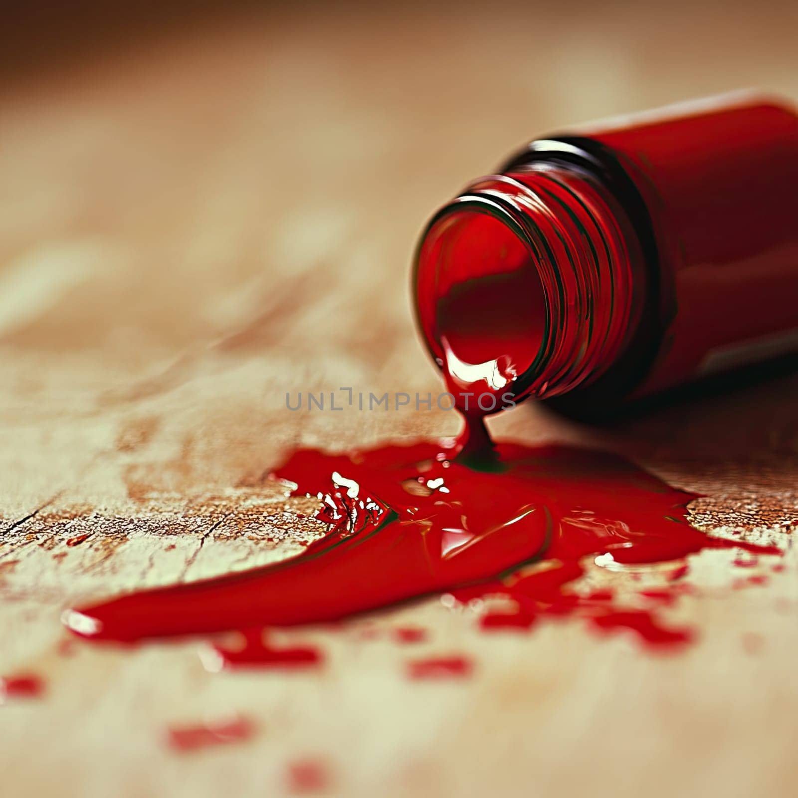 A bottle of red nail polish has toppled over, splattering its vibrant color across a wooden surface, creating a striking contrast.