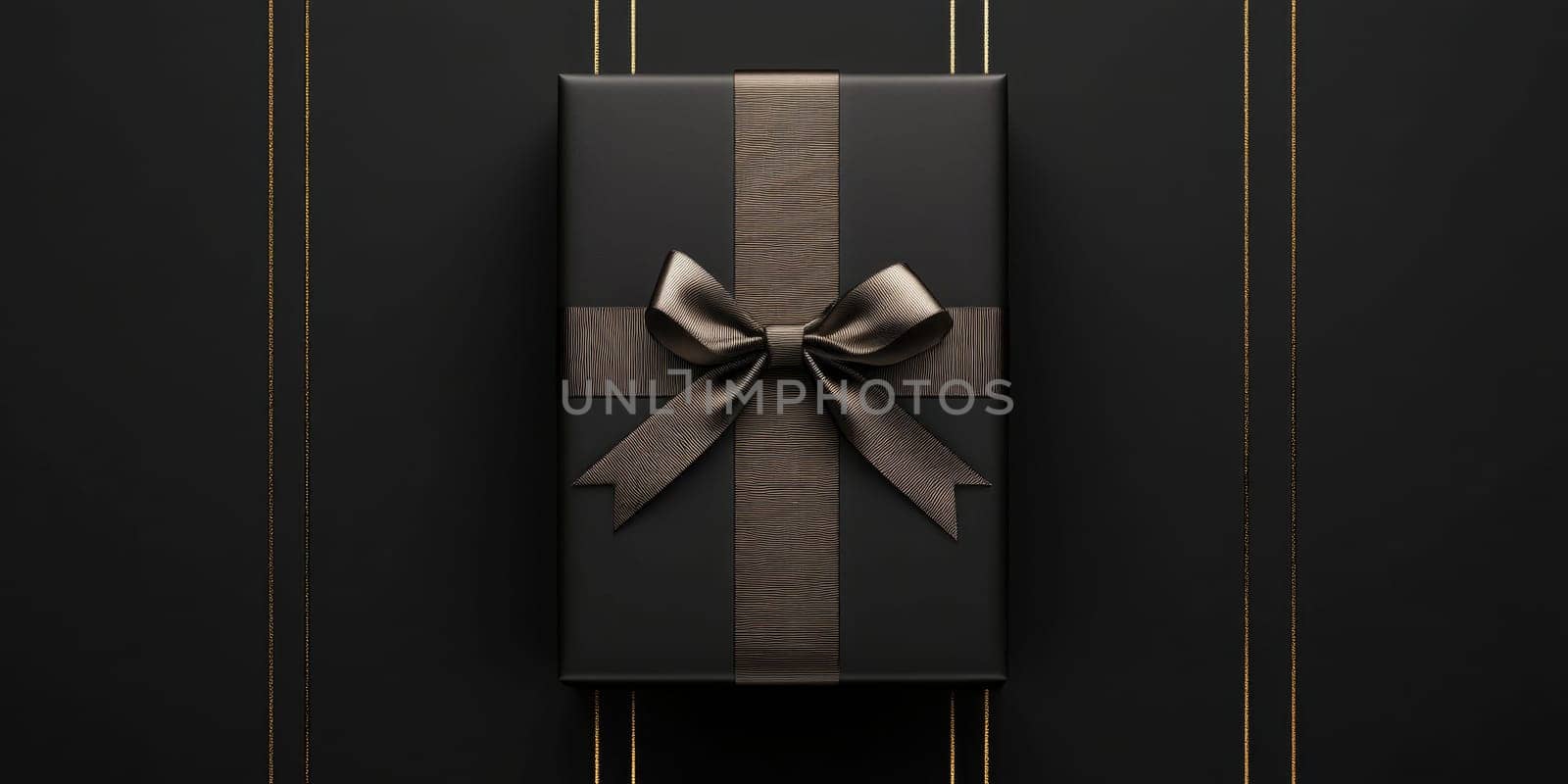 A sleek black gift box sits elegantly against a dark backdrop, featuring a luxurious ribbon and bow, ideal for birthdays, anniversaries, or holidays.