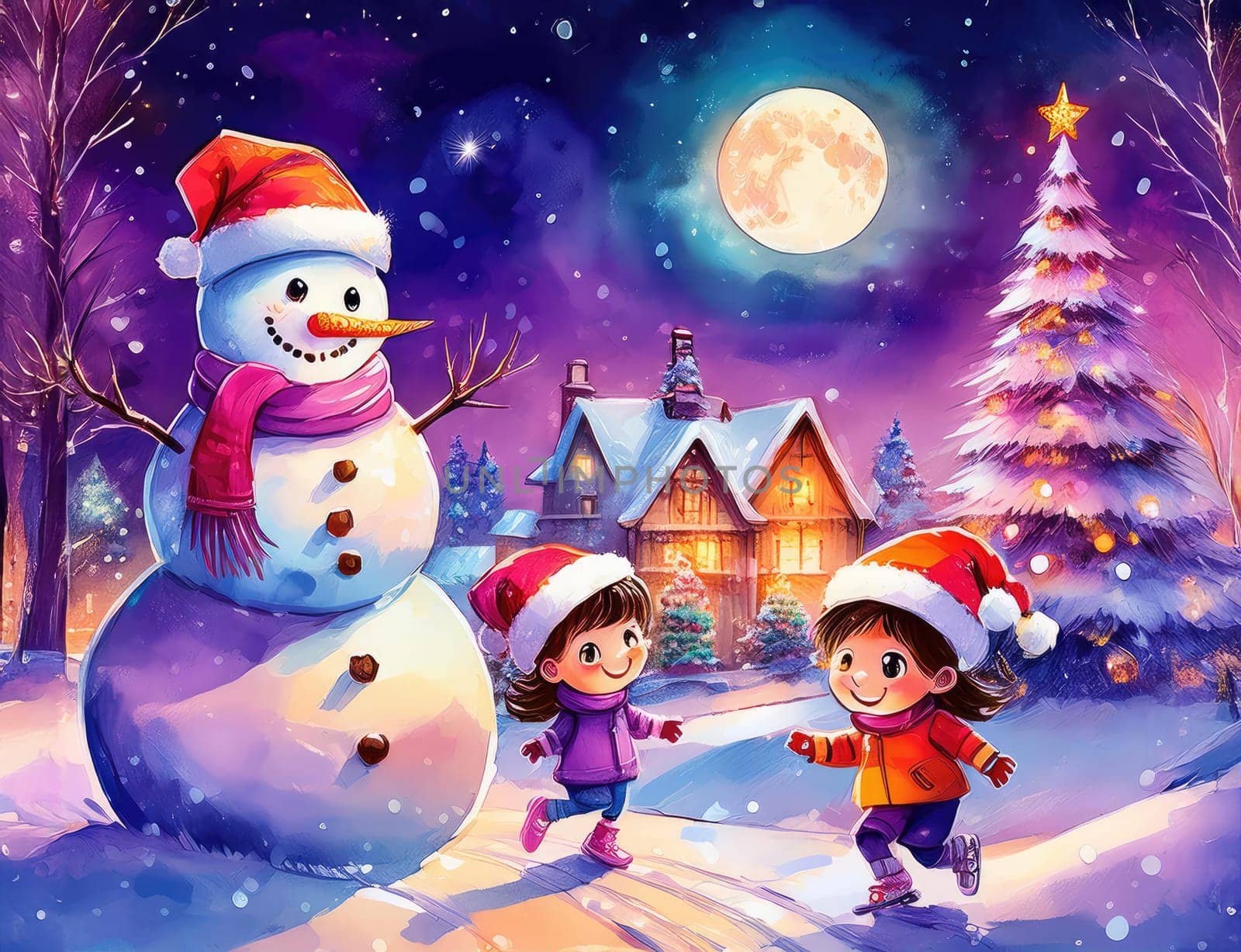 Children enjoying wintertime activities, smiling by a festive snowman. Joyful children enjoying a snowy day with their snowman friend.