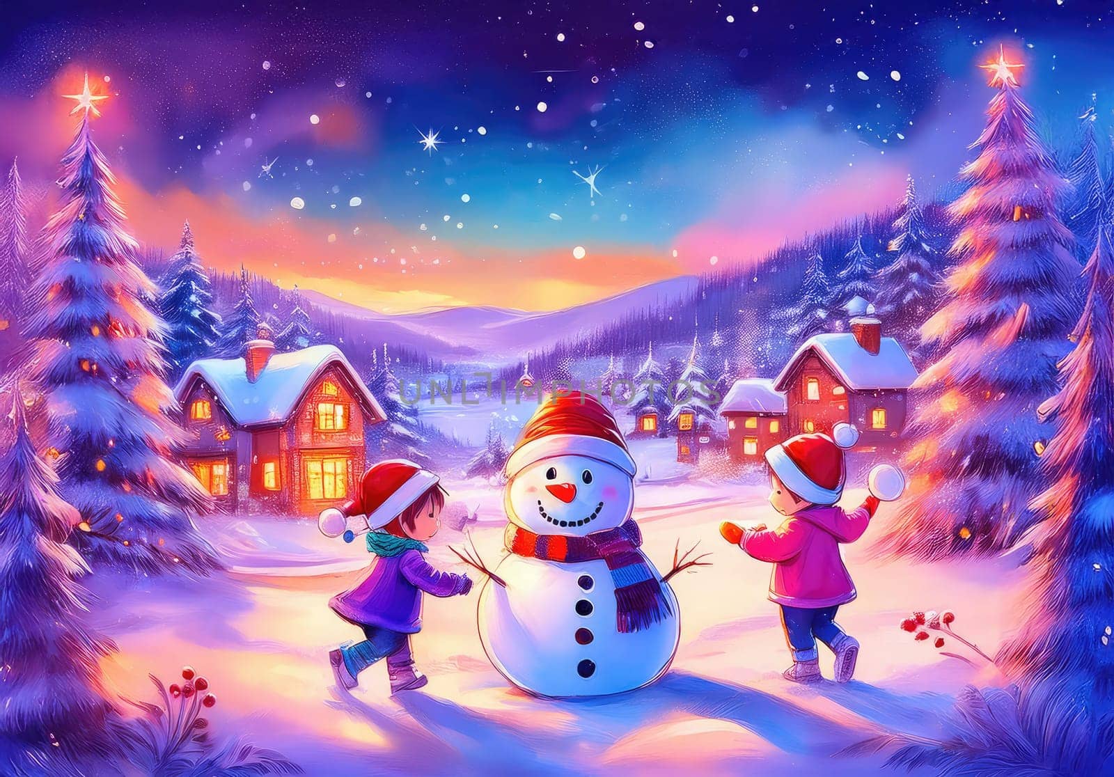 Children enjoying wintertime activities, smiling by a festive snowman. Joyful children enjoying a snowy day with their snowman friend.
