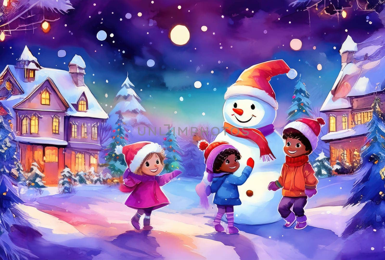 Children enjoying wintertime activities, smiling by a festive snowman. Joyful children enjoying a snowy day with their snowman friend.