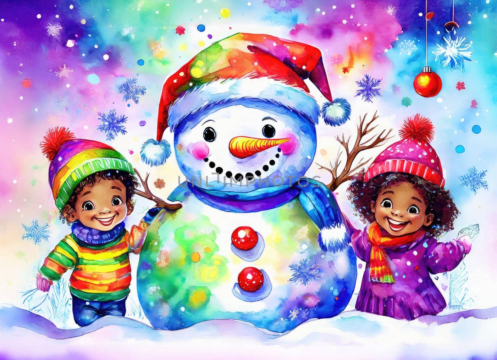 Children enjoying wintertime activities, smiling by a festive snowman. Joyful children enjoying a snowy day with their snowman friend.
