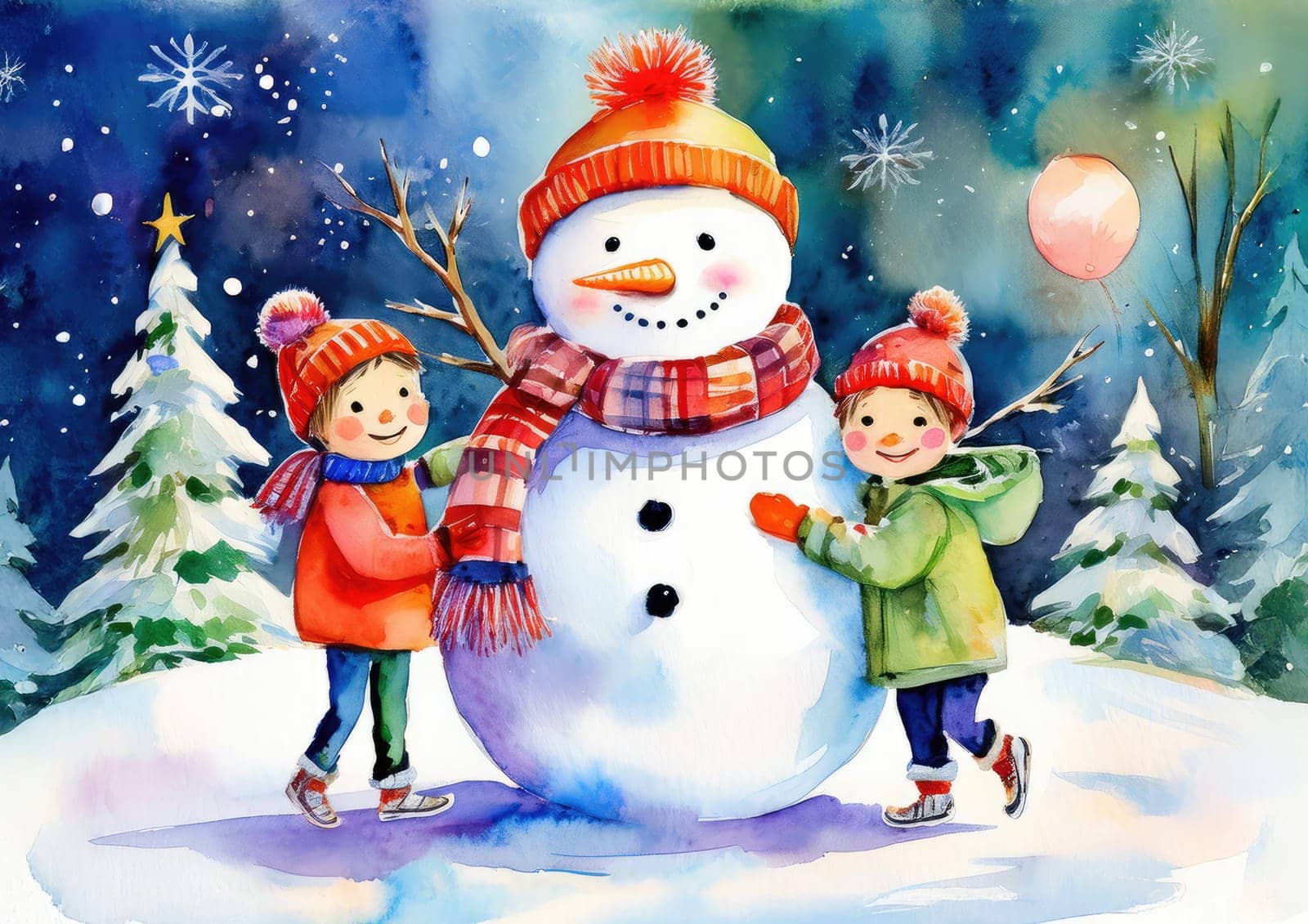 Children enjoying wintertime activities, smiling by a festive snowman. Joyful children enjoying a snowy day with their snowman friend.
