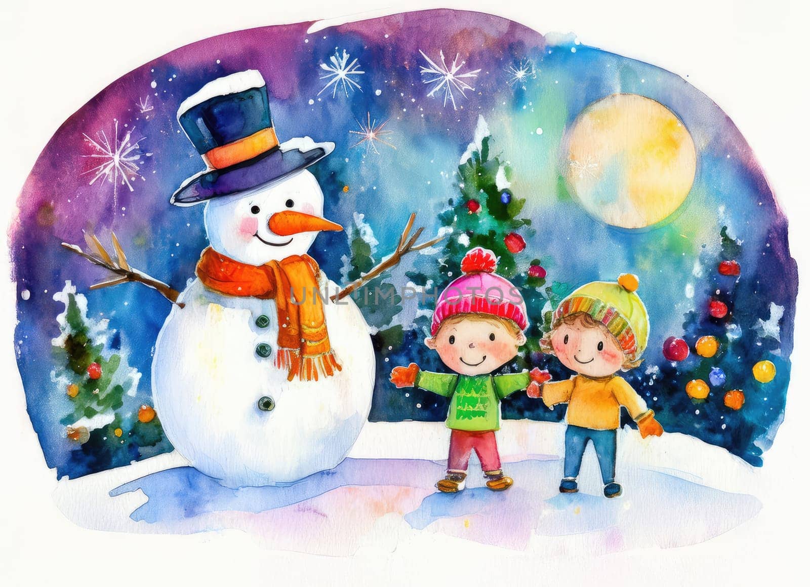 Children enjoying wintertime activities, smiling by a festive snowman. Joyful children enjoying a snowy day with their snowman friend.