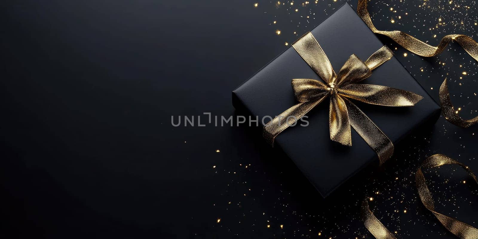 This image showcases an elegantly wrapped black gift box, featuring a shimmering golden ribbon and scattered sparkles, ideal for celebrations and gifting moments.