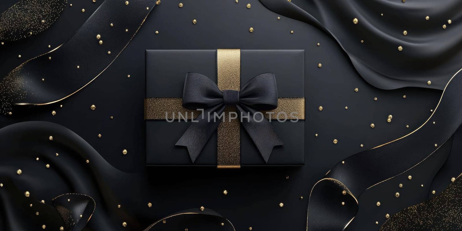 An elegant black gift box adorned with a gold ribbon sits atop a dark, textured surface, surrounded by glimmering decorations that enhance its festive appeal.