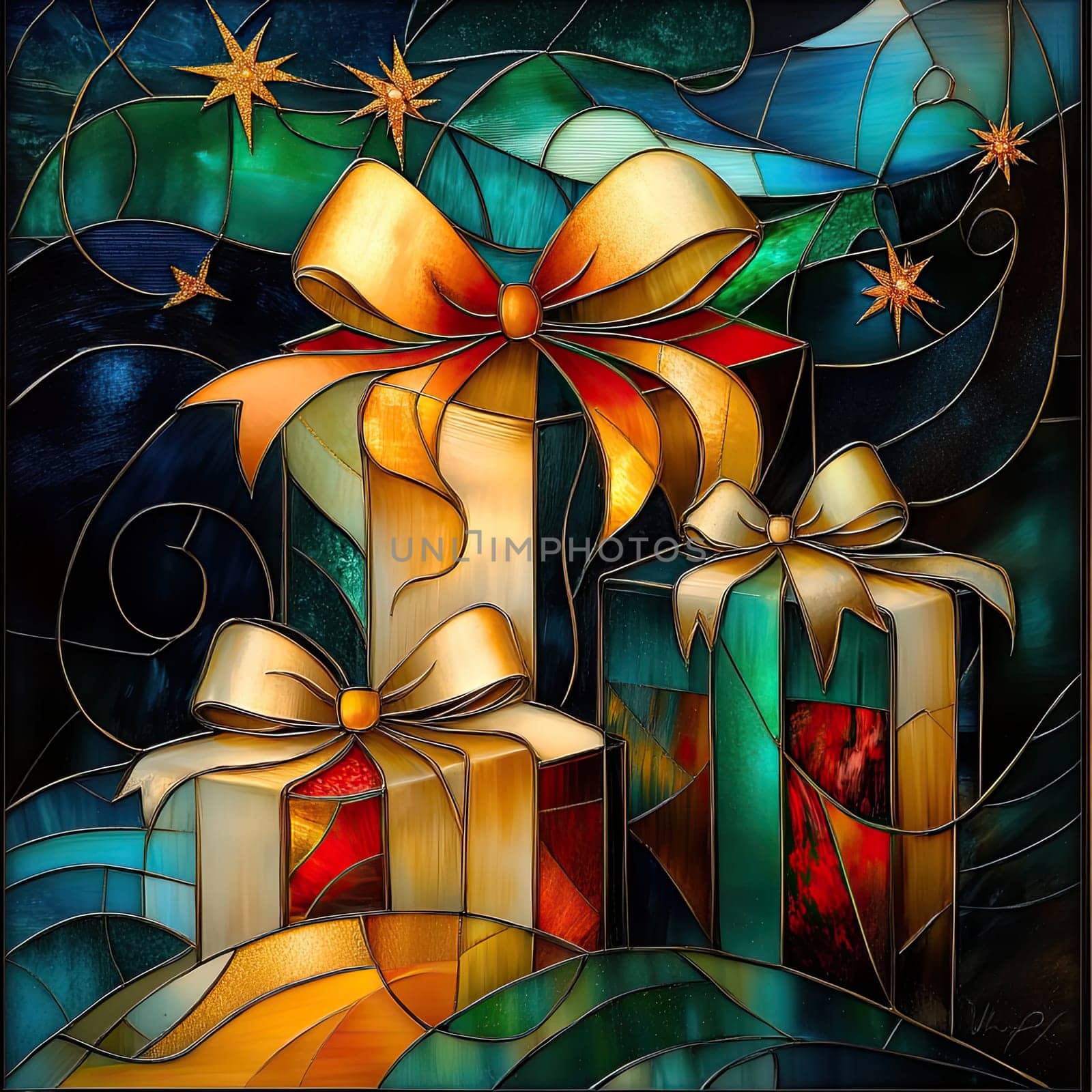 Three beautifully crafted stained glass gift boxes with golden bows are arranged against a dark, swirling backdrop. The vibrant colors enhance the holiday spirit.
