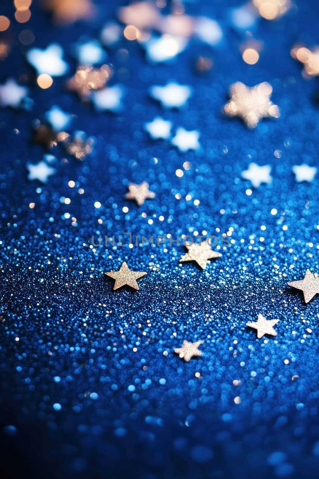 Golden stars are sparkling on shiny blue glitter background with bokeh effect
