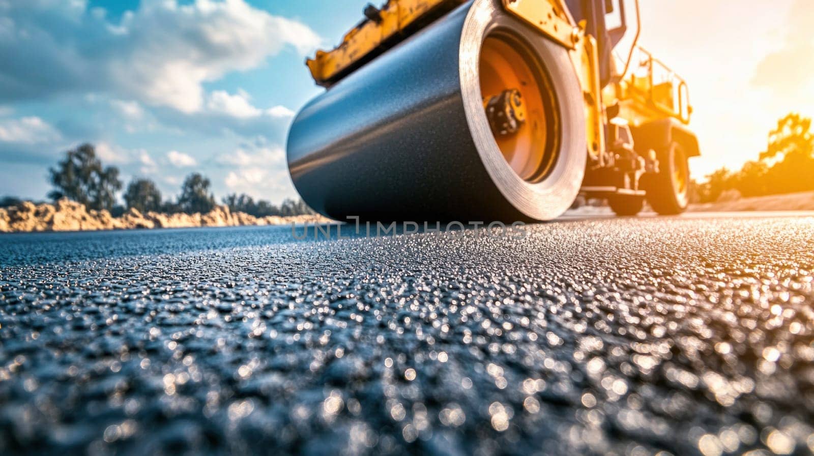 Road roller flattening a fresh layer of asphalt on a sunny day