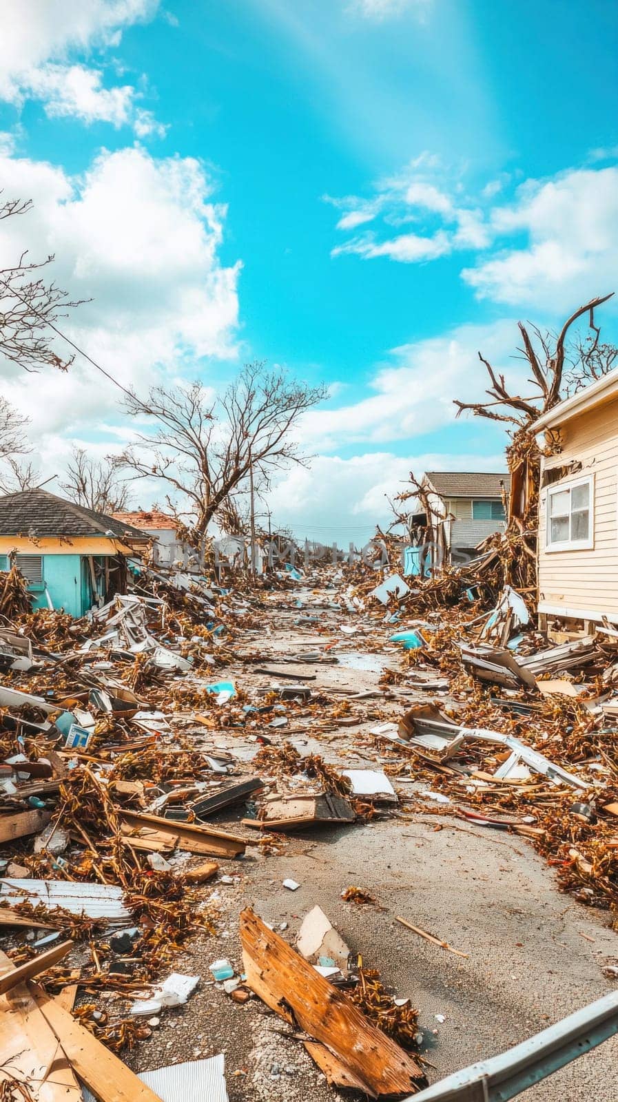 Splintered wood and debris cover the ground where homes and businesses once stood