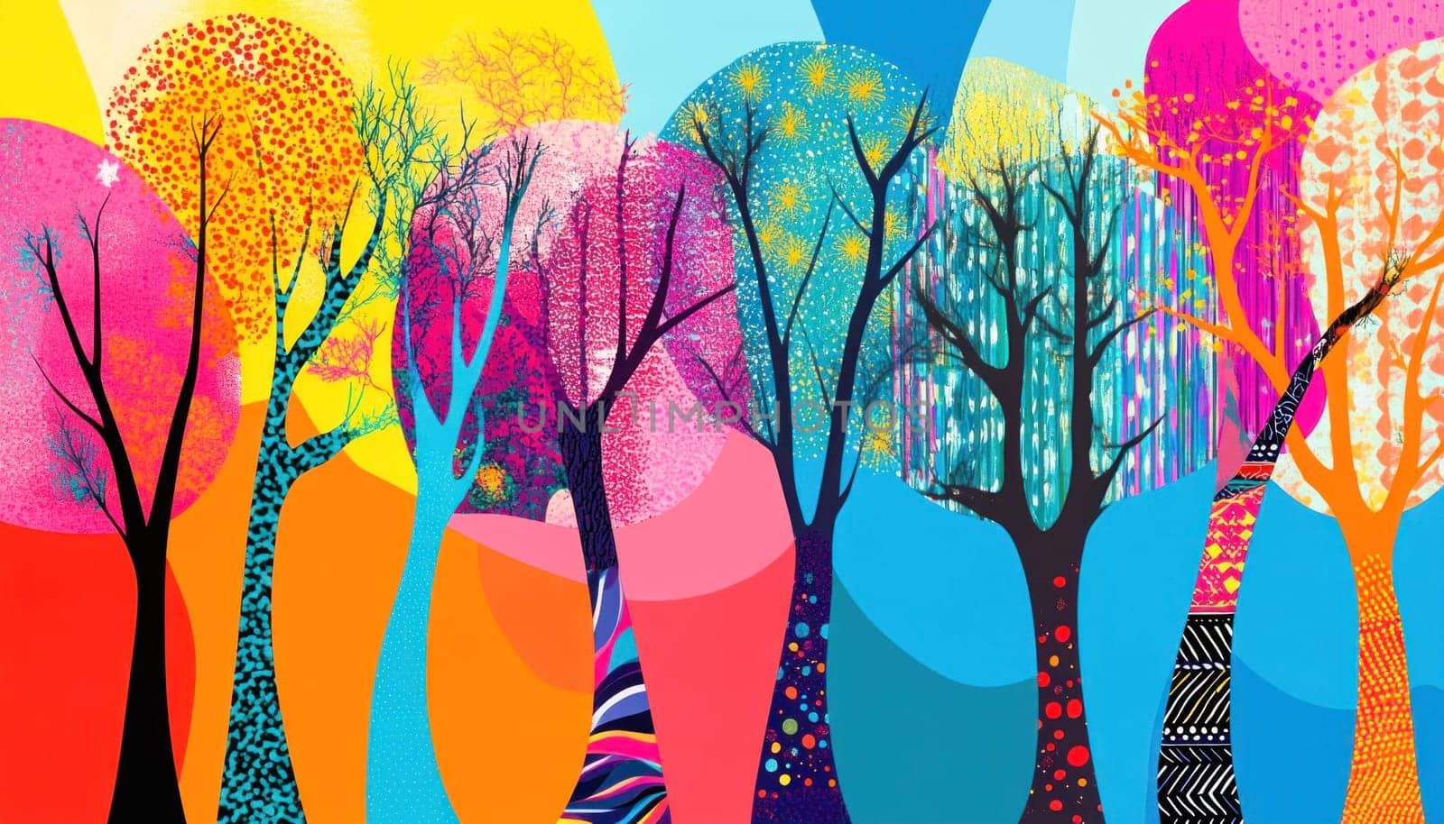 Colorful forest with stylized trees showing the passage of the four seasons on a light blue background