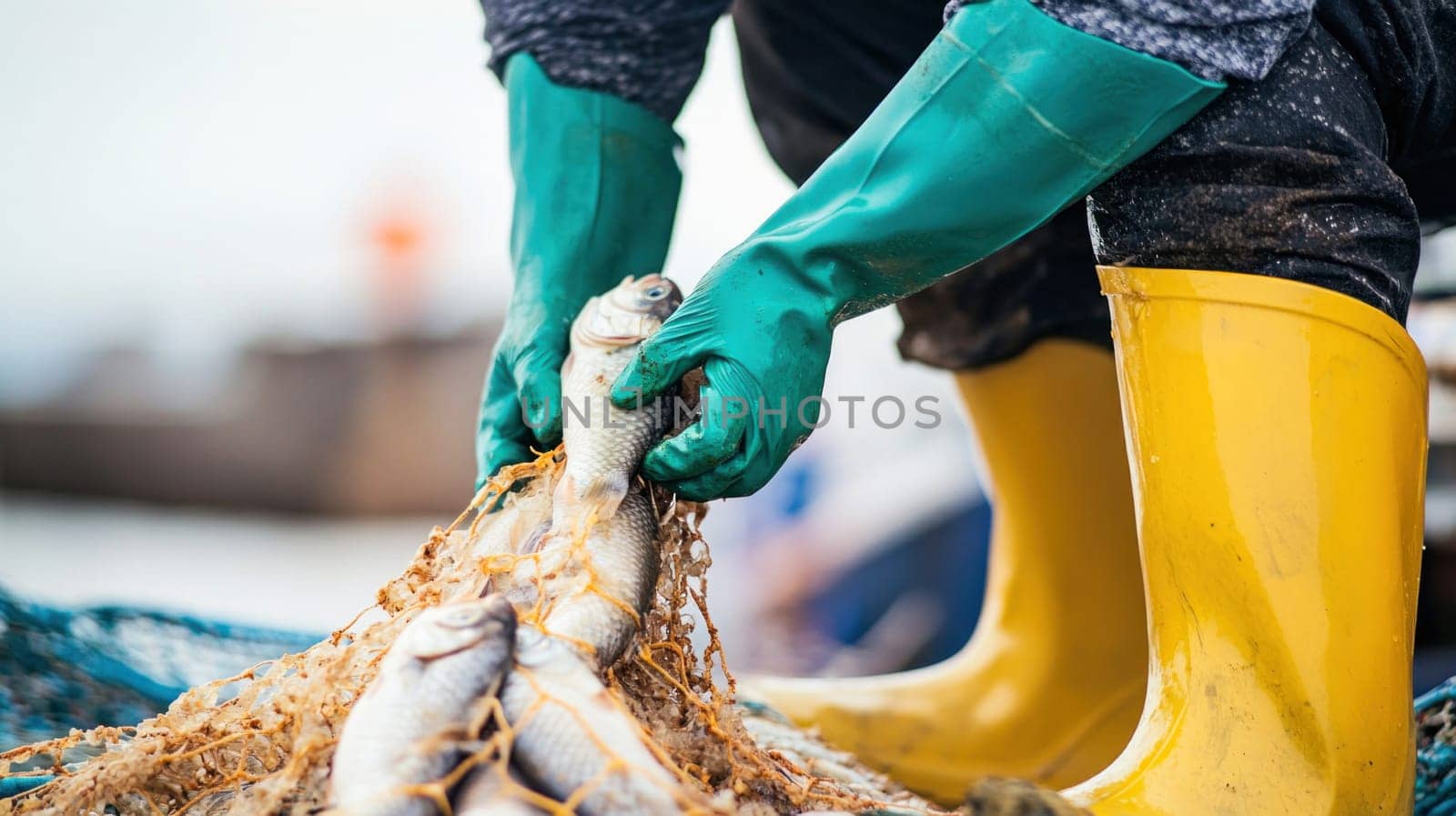 Fisherman wearing green gloves is taking fish out of the net after fishing in the sea