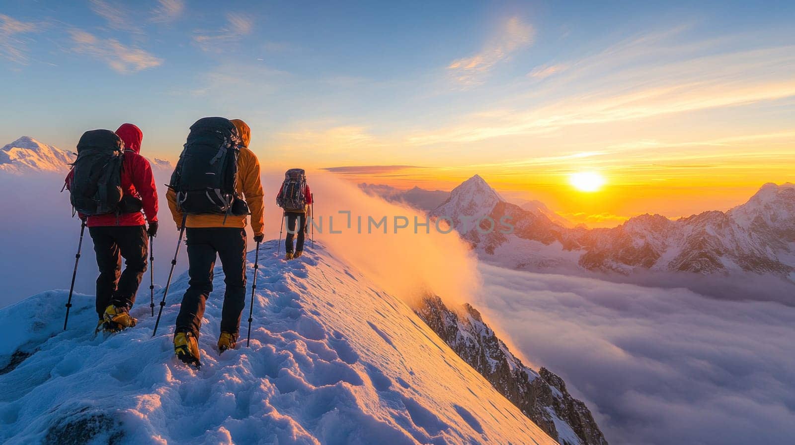 Three mountaineers are standing on a mountain peak, admiring a dramatic sunset above the clouds