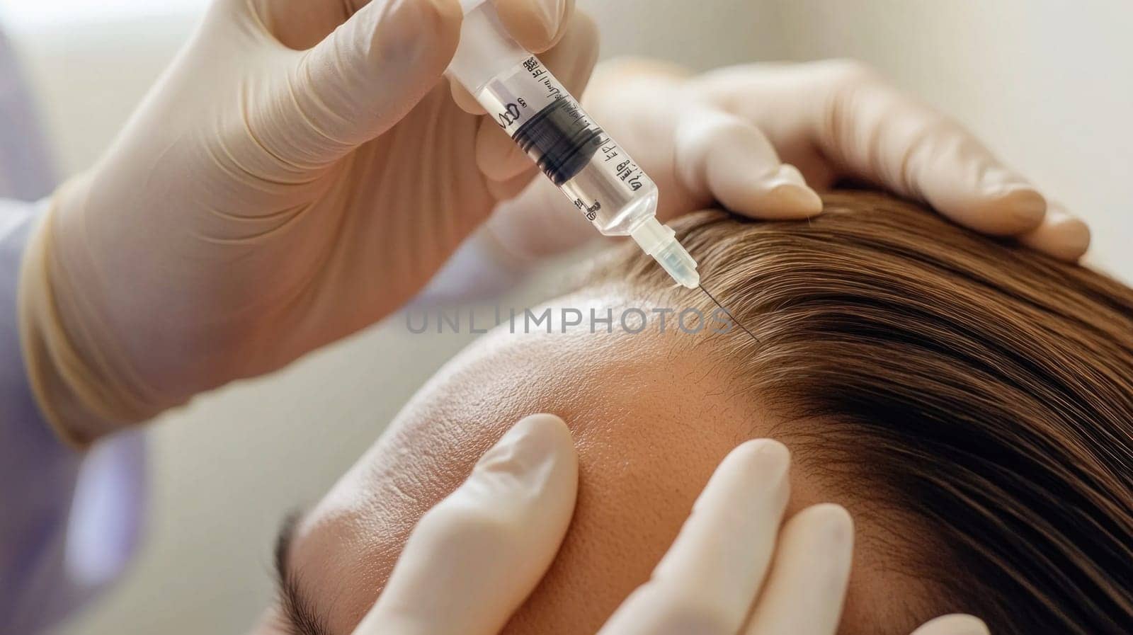 Doctor wearing white gloves is injecting medicine into a woman's head to prevent hair loss