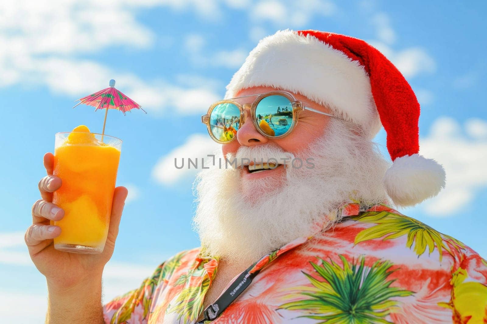 Santa claus is having a tropical christmas this year, enjoying a fruity cocktail