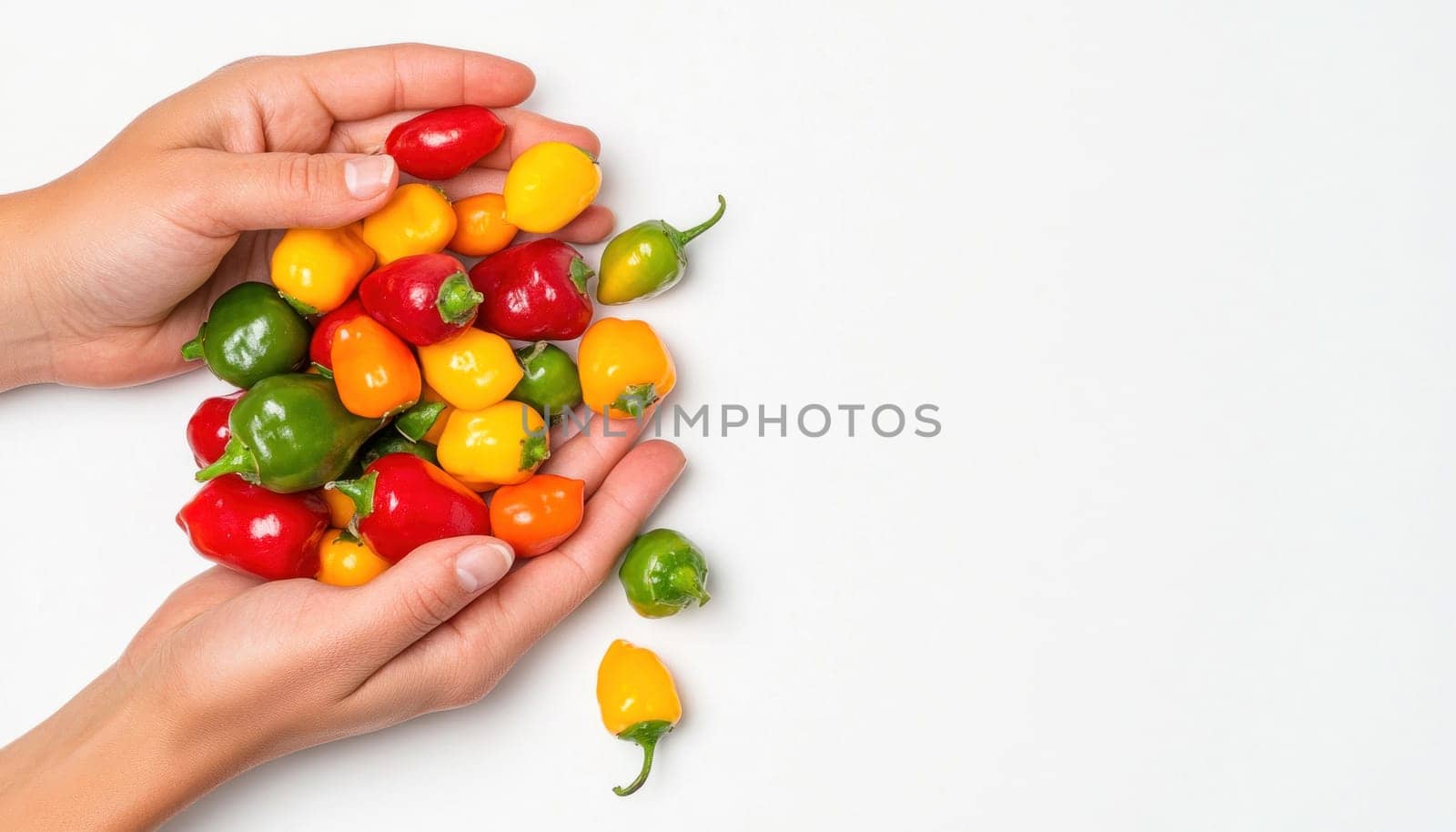 Woman holding a handful of fresh colorful chili peppers
