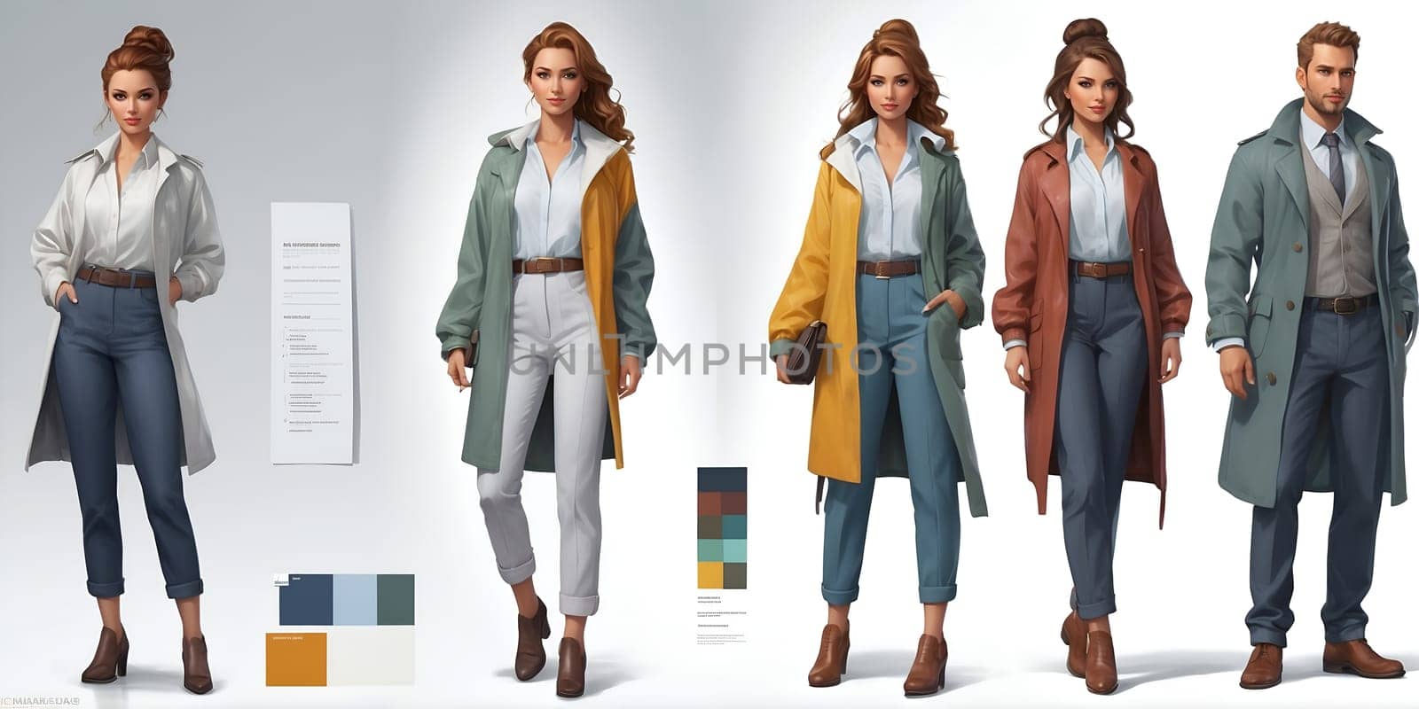 A character design showcases a range of stylish outfits suitable for a YouTube channel banner, highlighted in a modern creative studio environment.