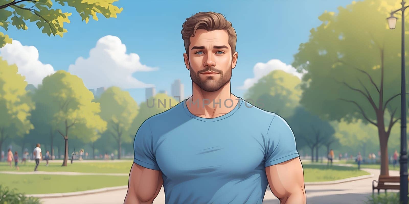A muscular man stands confidently in a vibrant park, wearing a blue T-shirt. Lush trees and cheerful individuals surround him, embodying a lively outdoor atmosphere.