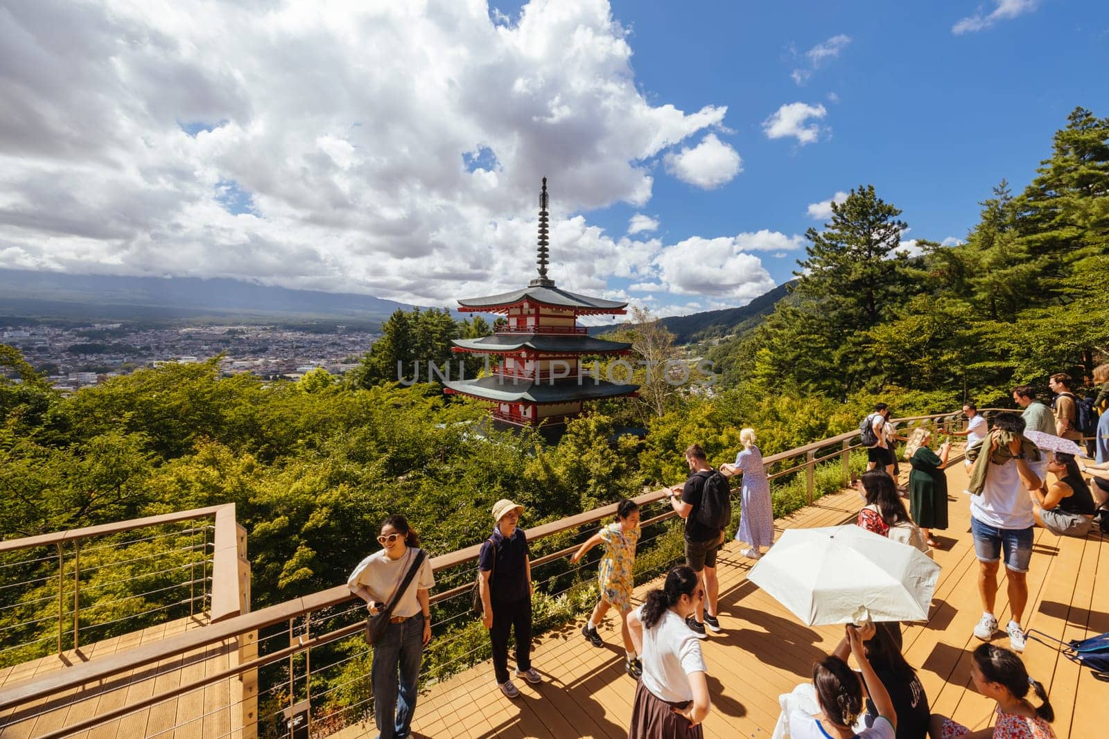 FUJIYOSHIDA CITY, JAPAN - SEPT 17TH, 2024: Arakura Fuji Sengen-jinja Shrine in Arakurayama Sengen Park on a hot autumn morning in Fujiyoshida City, Japan