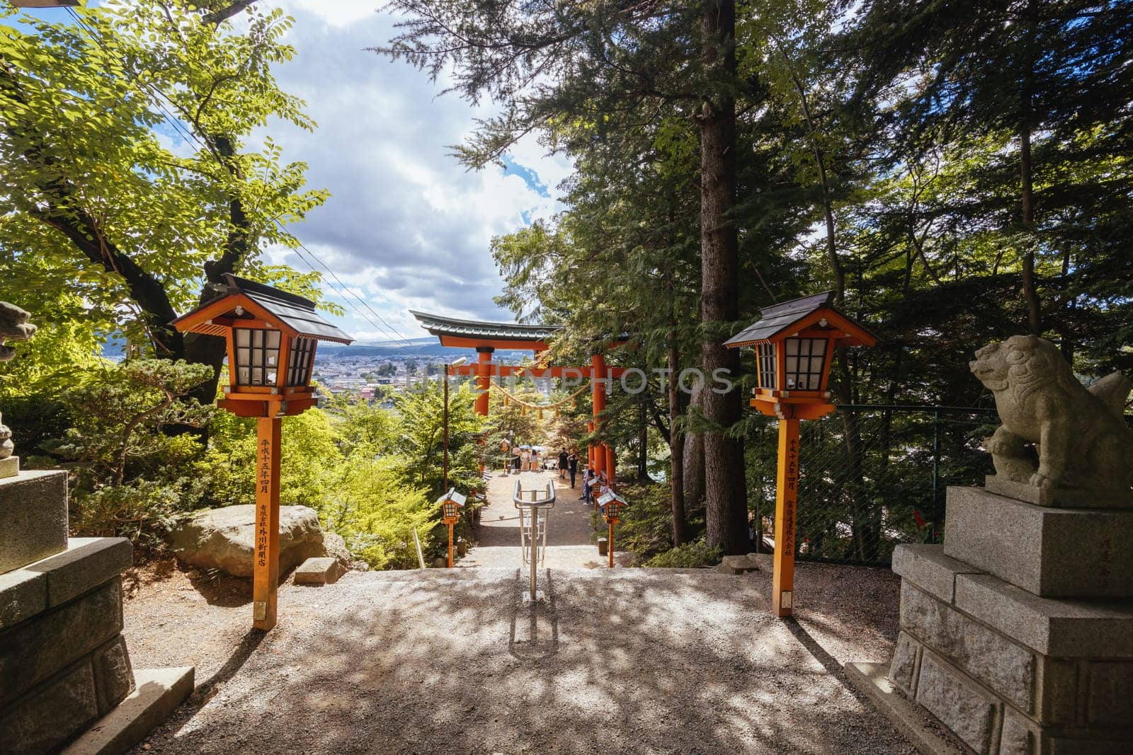 FUJIYOSHIDA CITY, JAPAN - SEPT 17TH, 2024: Arakura Fuji Sengen-jinja Shrine in Arakurayama Sengen Park on a hot autumn morning in Fujiyoshida City, Japan