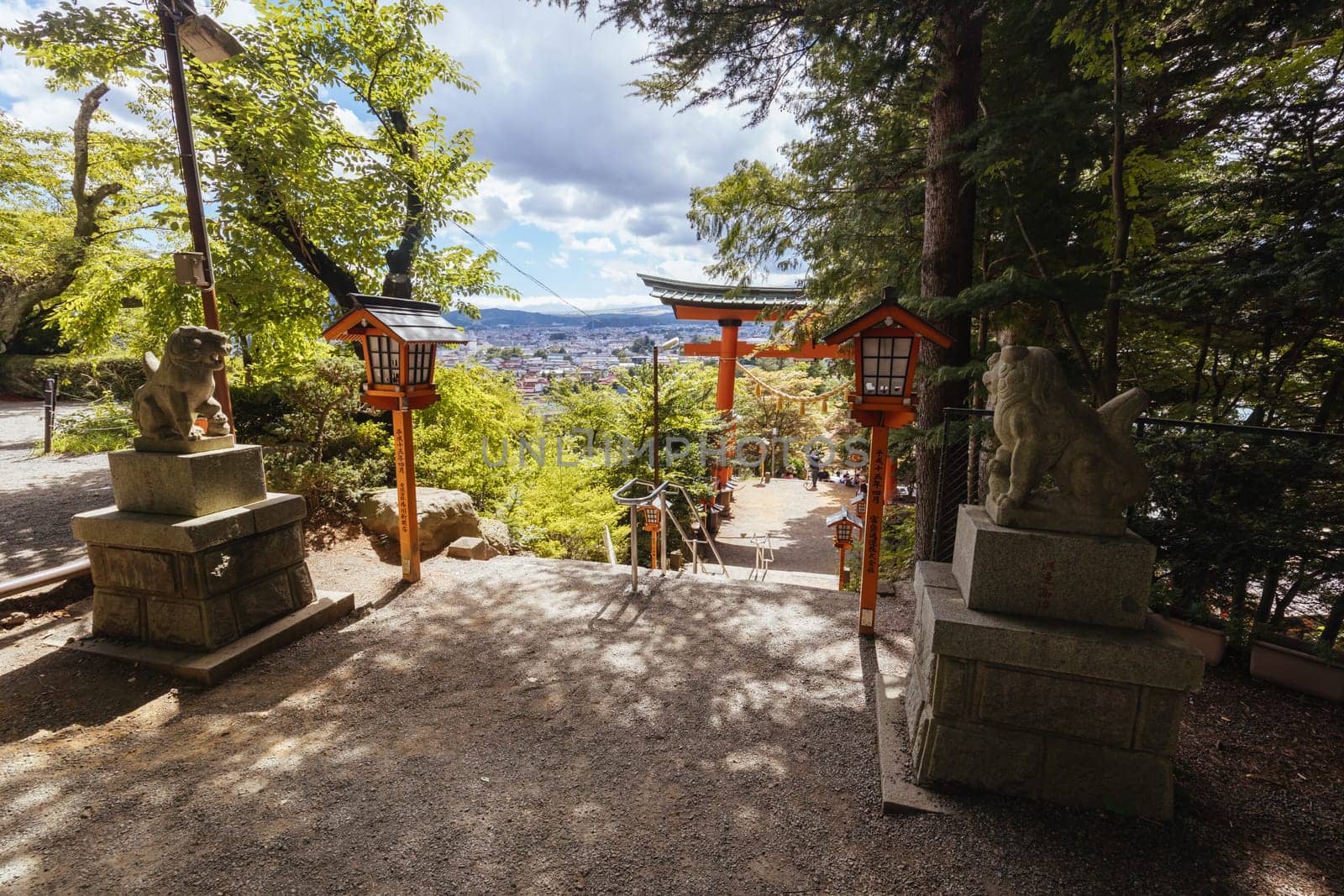 FUJIYOSHIDA CITY, JAPAN - SEPT 17TH, 2024: Arakura Fuji Sengen-jinja Shrine in Arakurayama Sengen Park on a hot autumn morning in Fujiyoshida City, Japan