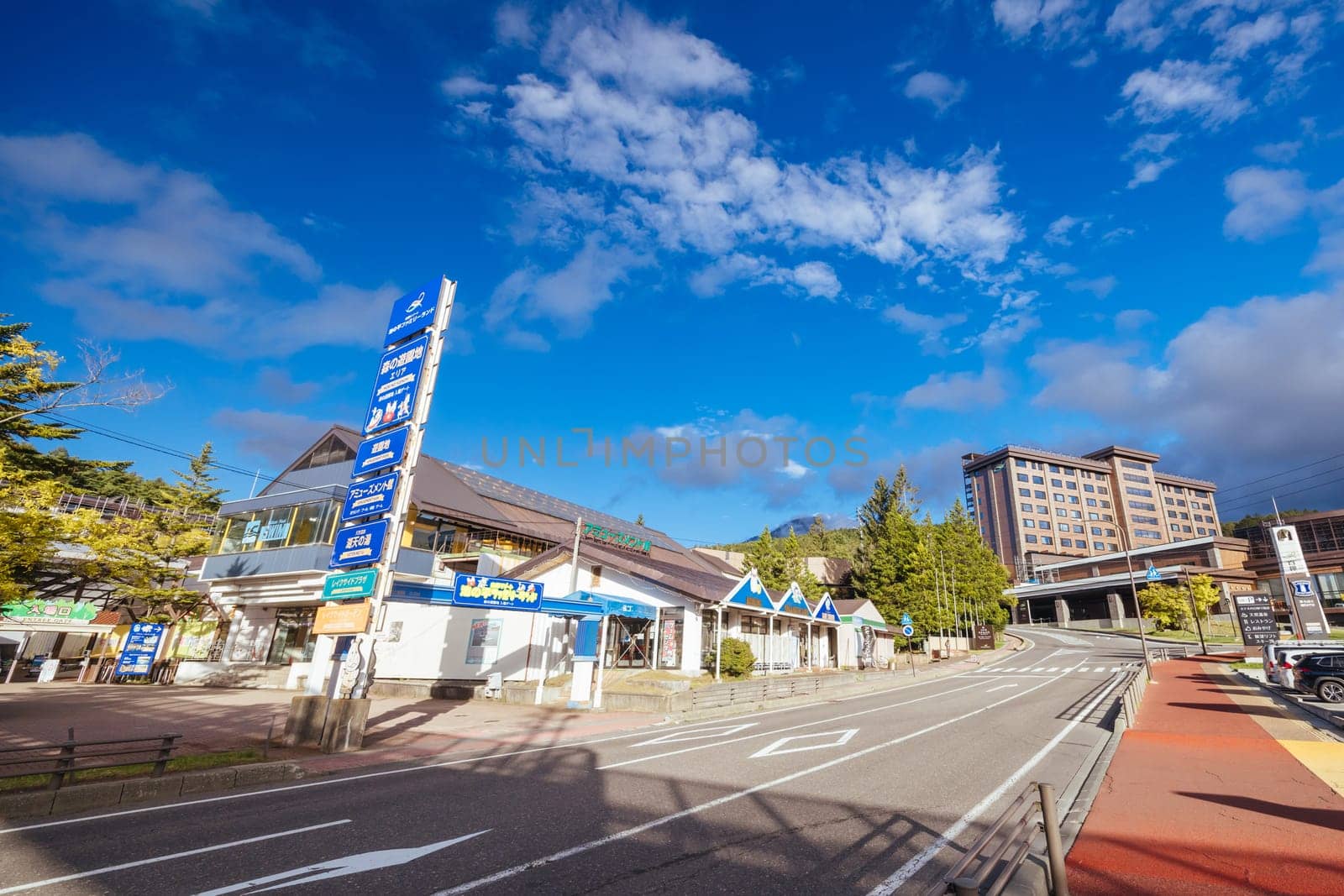 SHIRAKABA LAKE, JAPAN - SEPT 17, 2024: The township of Shirakaba Lake on a warm autumn afternoon on the famous Venus Line road, famous as a scenic driving route in Japan