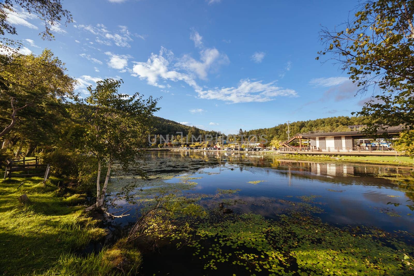 SHIRAKABA LAKE, JAPAN - SEPT 17, 2024: The township of Shirakaba Lake on a warm autumn afternoon on the famous Venus Line road, famous as a scenic driving route in Japan