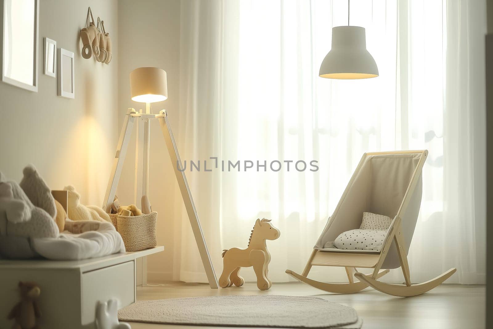 The nursery showcases a calming atmosphere with gentle lighting, a rocking chair, a horse toy, and cozy decor elements, perfect for a child's playful environment.