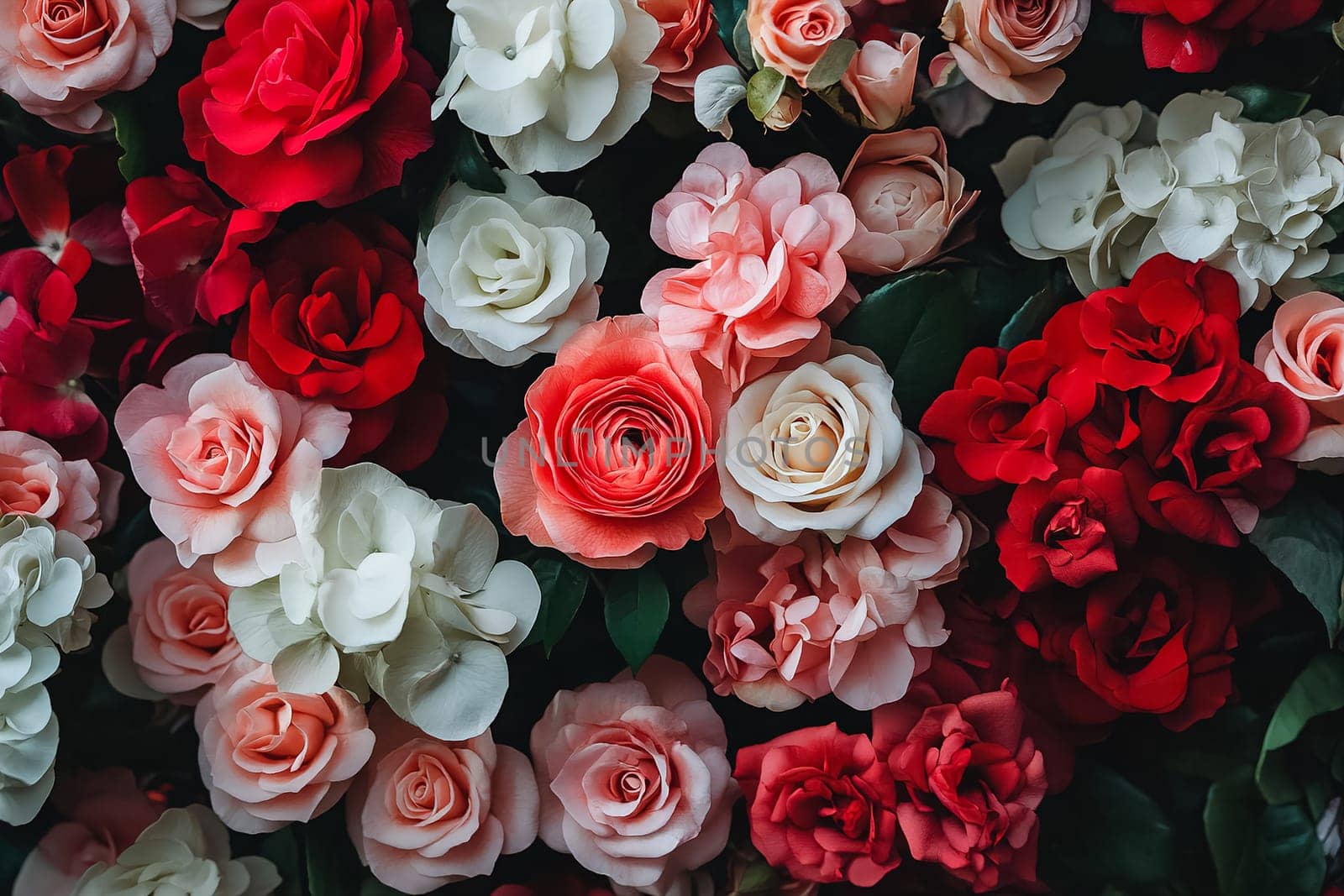 A colorful collection of roses and other flowers features shades of red, pink, and white, creating a stunning visual artwork in natural settings.