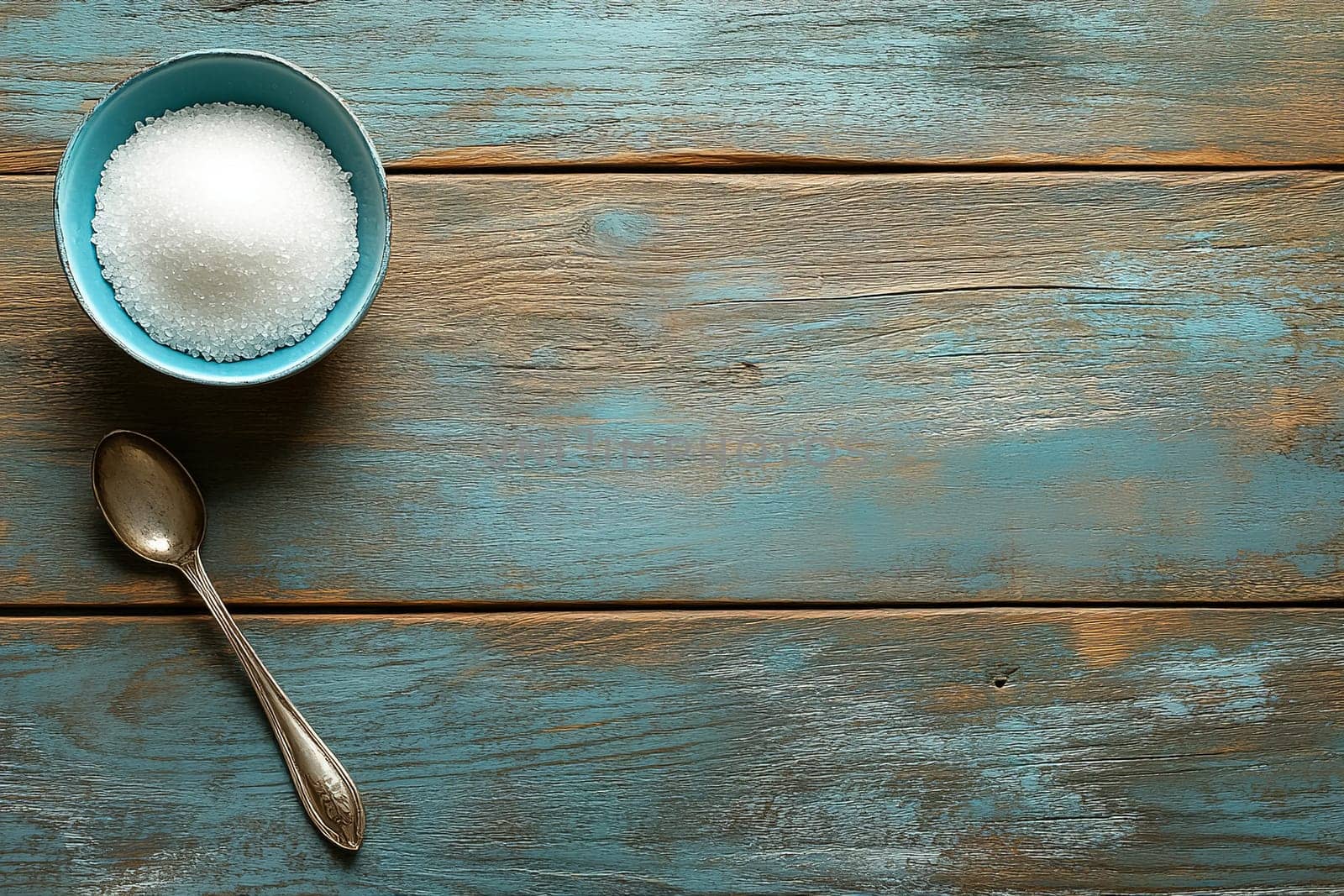 A blue bowl filled with white sugar sits on a weathered wooden table, accompanied by a silver spoon. The bright light highlights the simple, rustic setting.