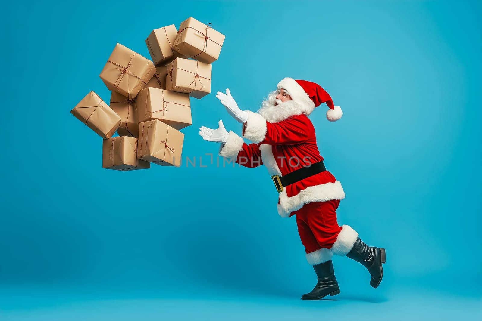 A festive Santa Claus in a traditional red suit is playfully tossing wrapped presents into the air. The vibrant blue background enhances the cheerful holiday spirit.