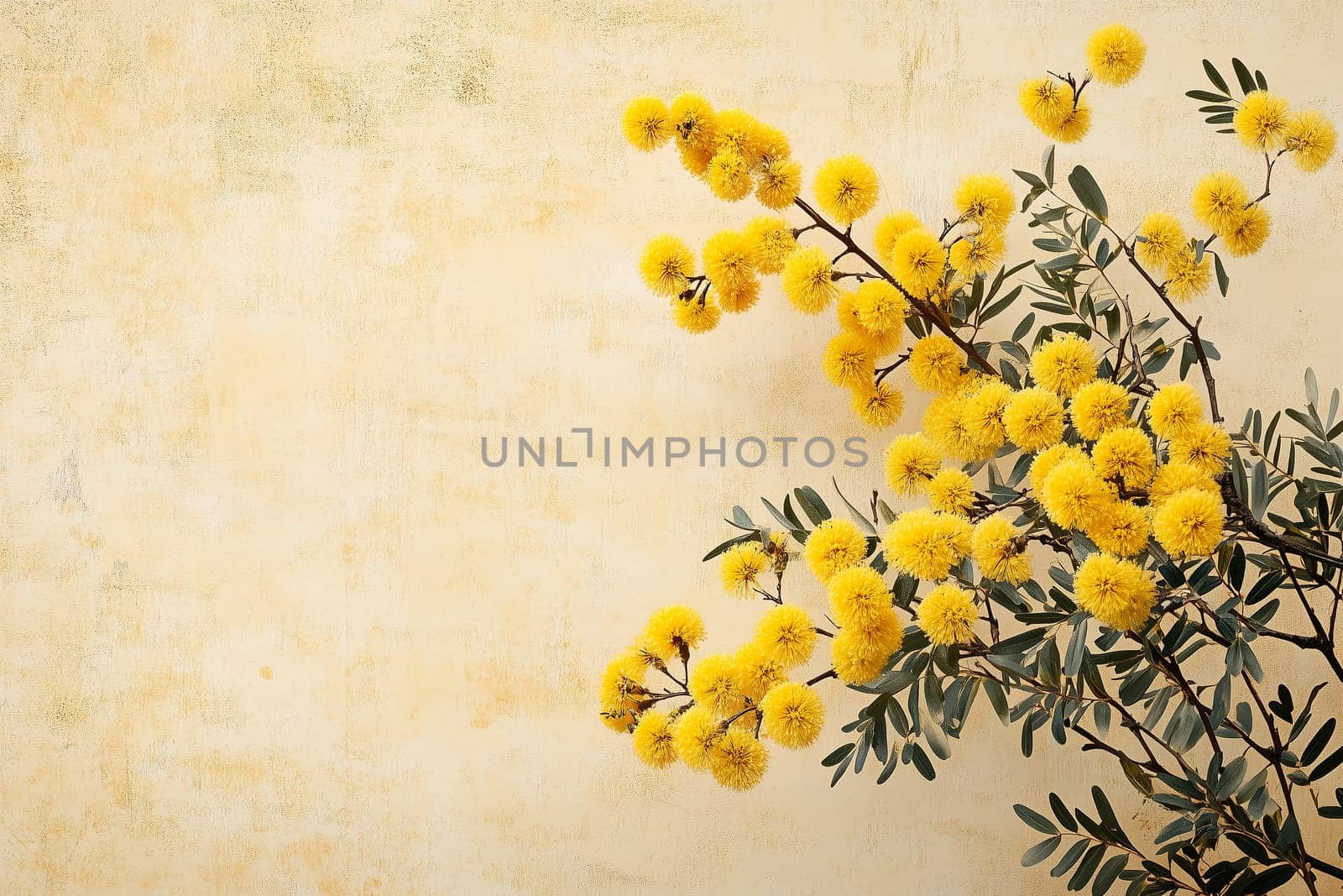 Bright yellow mimosa flowers beautifully arranged with verdant leaves against a soft, textured background, adding a cheerful touch to any decor.